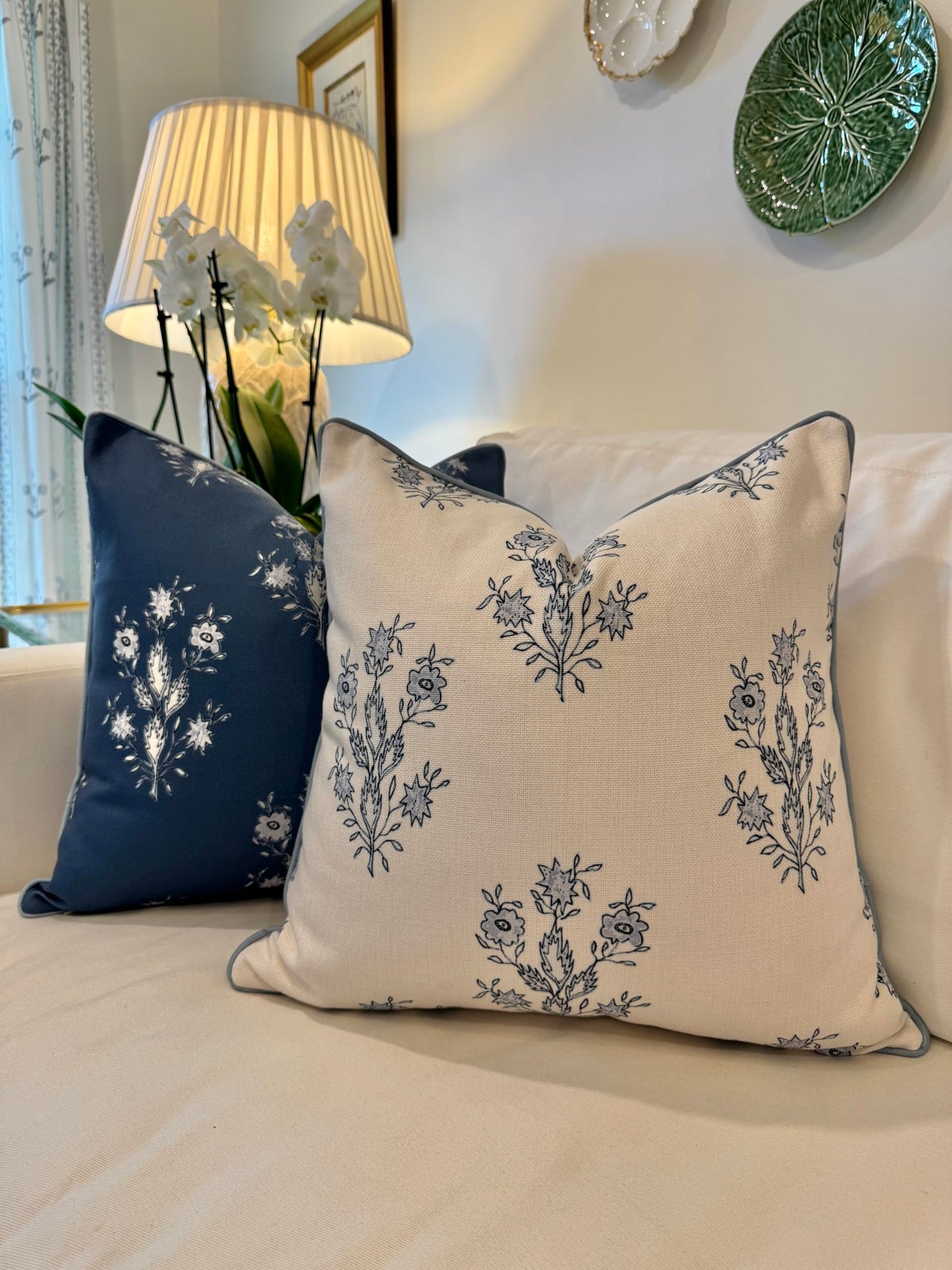 Jillien Harbor “The Mary” Periwinkle Floral Block Print Pillow Cover – Blue and Off-White Decorative Throw Pillow Cover – Grandmillennial Home Decor, 19" x 19"