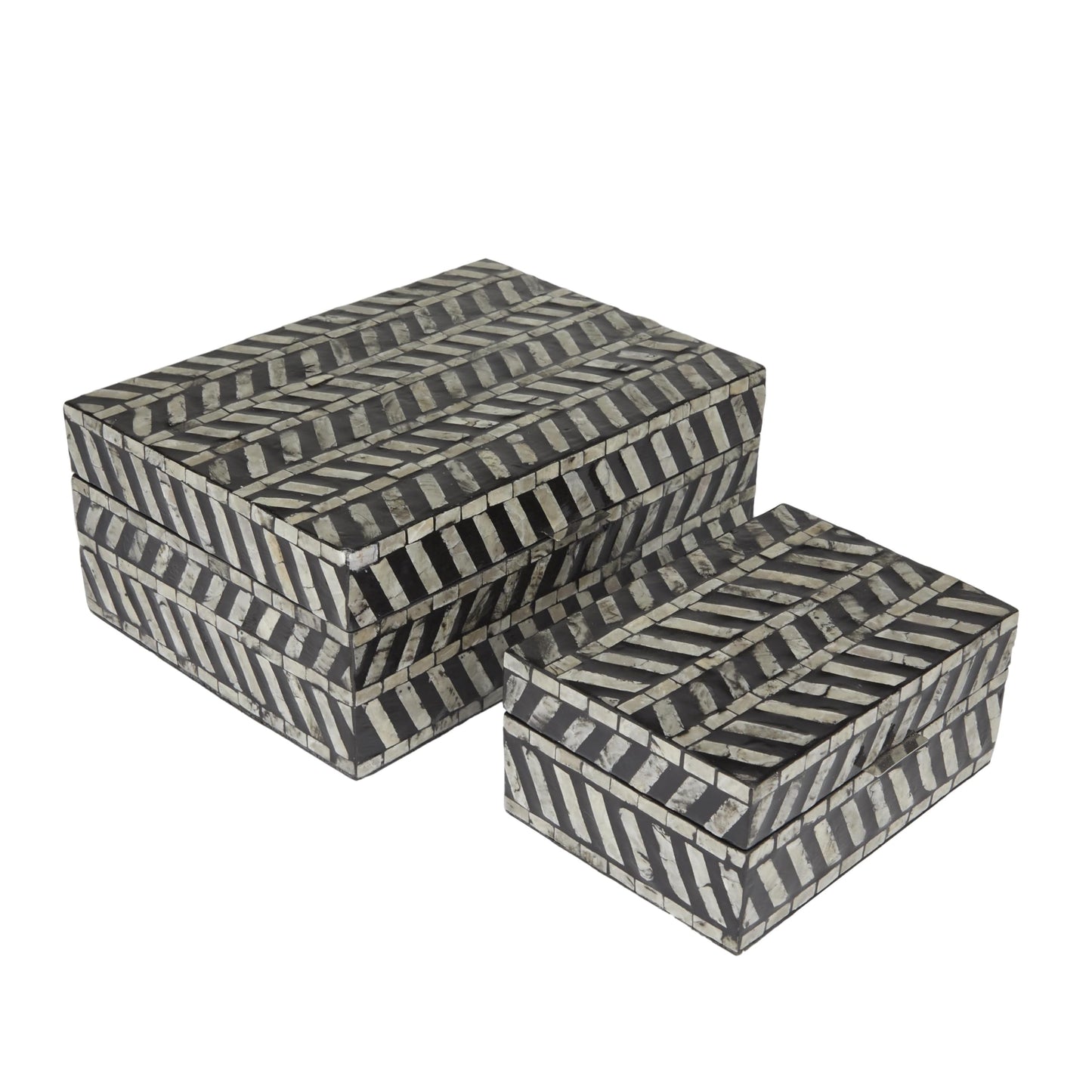 Deco 79 Mother of Pearl Shell Handmade Decorative Box Chevron Pattern Decorative Keepsake Boxes with Hinged Lid, Set of 2 Storage Boxes 12", 8"W, Gray