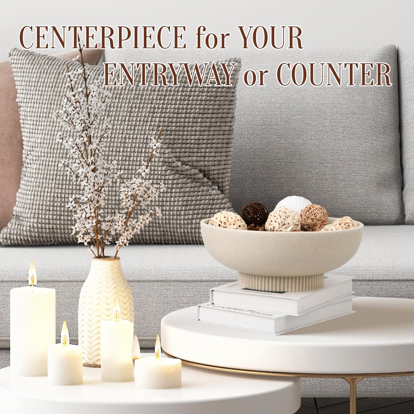 Large Resin Pedestal Decorative Bowl - Modern Handicraft Bowls for Home Decor - Fruit Bowl for Kitchen Counter - Key Bowl for Entryway Table,Artificial Stone Beige