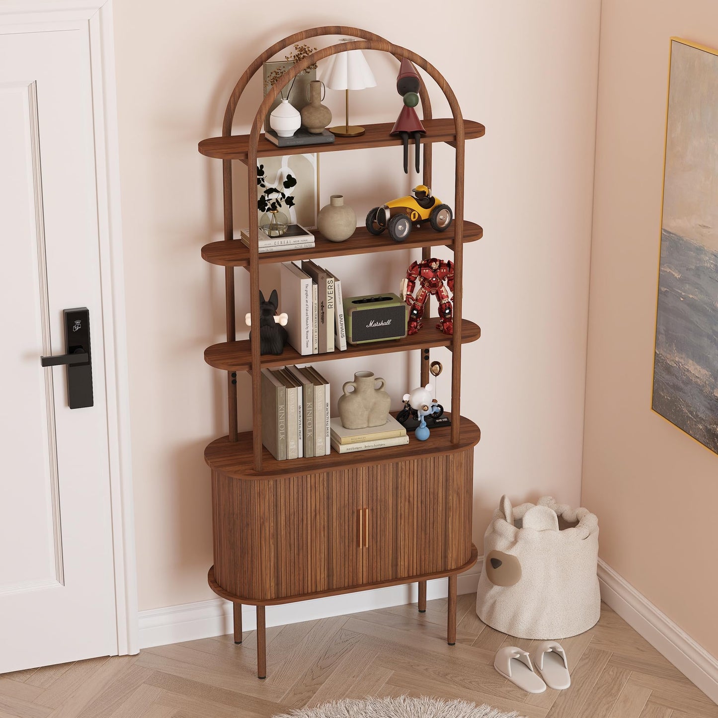 71" Tall Fluted Arched Bookshelf with Sliding Tambour Doors, Mid Century Modern Metal Curved Bookshelf Cabinet with Storage, 4-Tier Open Display Storage Shelf for Home Office, Living Room (Walnut)