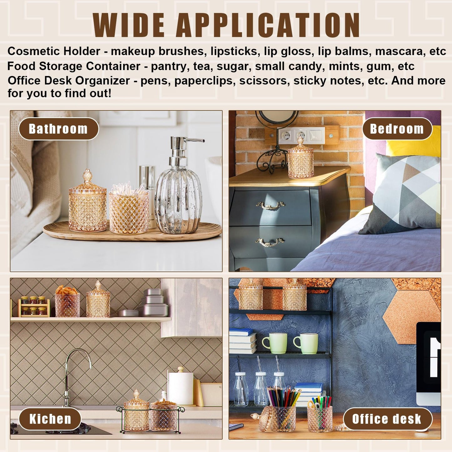 Aoriher 4 Pcs Crystal Glass Candy Jar Set with Lids Home Decorative Storage Jars for Apothecary, Bathroom, Kitchen, and Pantry, Ideal for Cotton Swabs and Jewelry(Large,Amber)