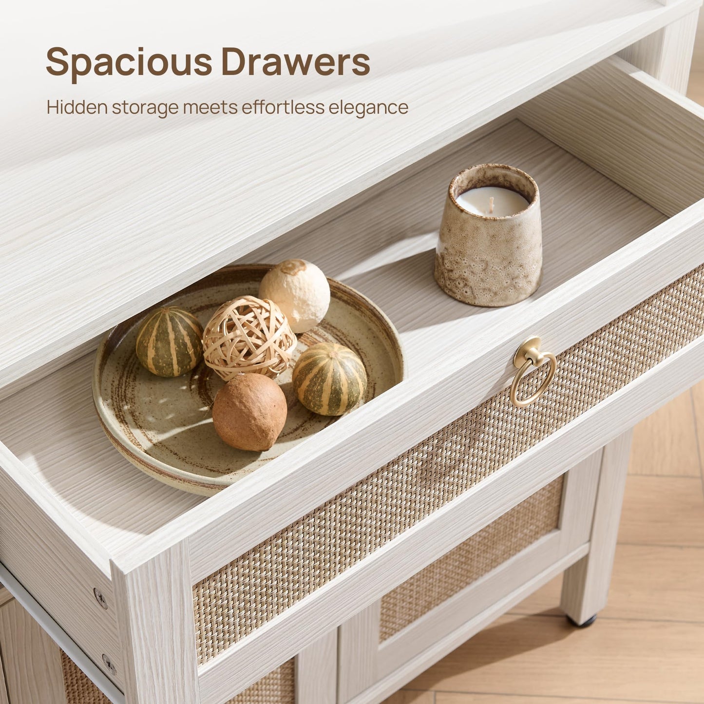 SICOTAS White Bookshelf with Drawer and Doors, Rattan Bookshelf with Round Gold Handle, 3 Tier Shelf for Storage, 68.5" Tall Book Shelf Boho Bookshelves for Home Office (3, White Cream Oak)