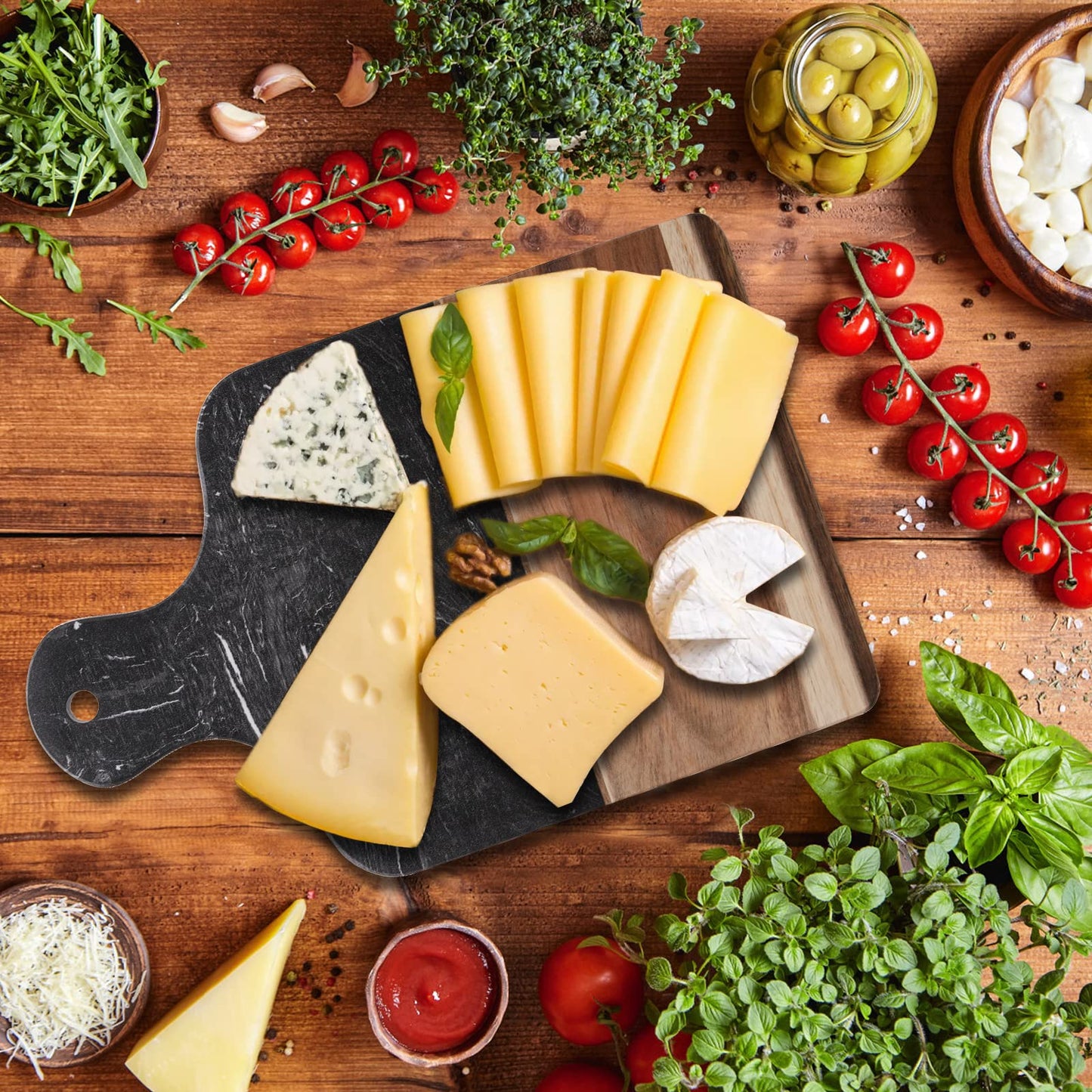 Coloch Marble and Acacia Wood Cutting Board, Black Charcuterie Chopping Board with Handle, Decorative Serving Board for Cheese, Steak, Bread, Fruit