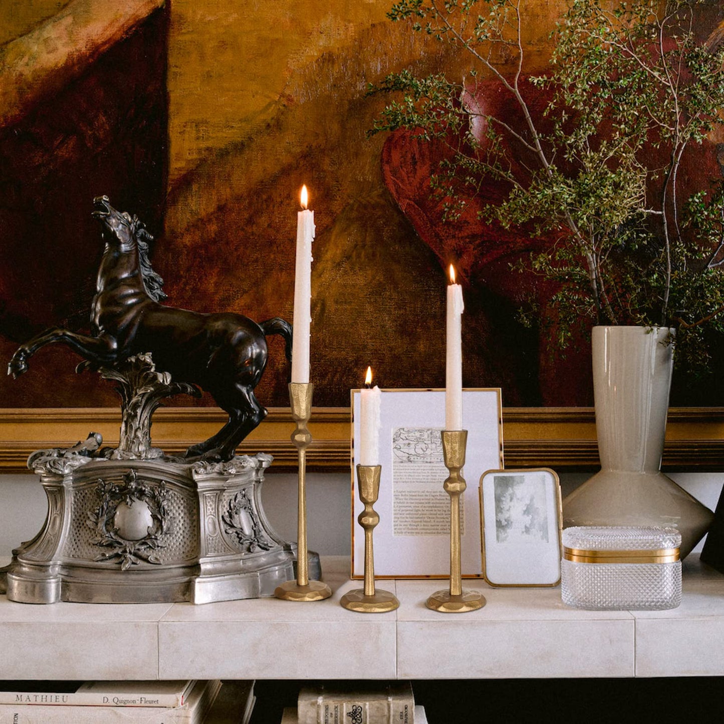 Antique Brass Iron Taper Candle Holder - Set of 3 Decorative Candle Stand, Candlestick Holder for Wedding, Dinning, Party