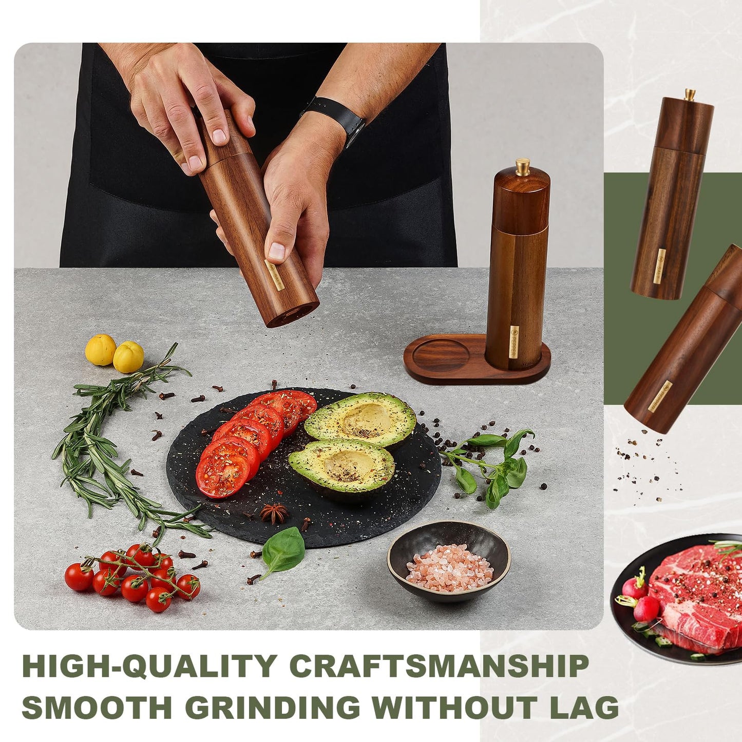 LOYIM Wooden Salt and Pepper Grinder Set 8 Inch Manual Salt and Pepper Mill with Tray Adjustable Coarseness Refillable Wood Grinders with Gold Bottle Label for Kitchen(Wood Color)