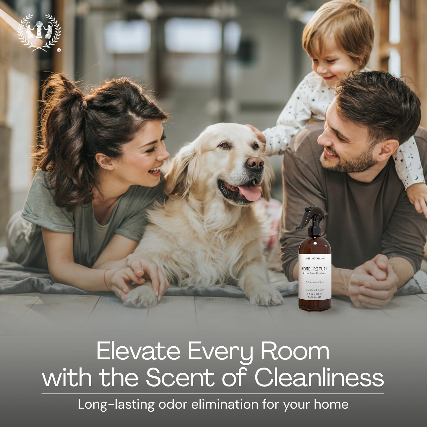 Muse Apothecary Home Ritual Active Odor Eliminator Spray - Furniture Deodorizer Spray & Bathroom Odor Eliminator for Home - Essential Oil Air Freshener - 4oz, Fresh Linen