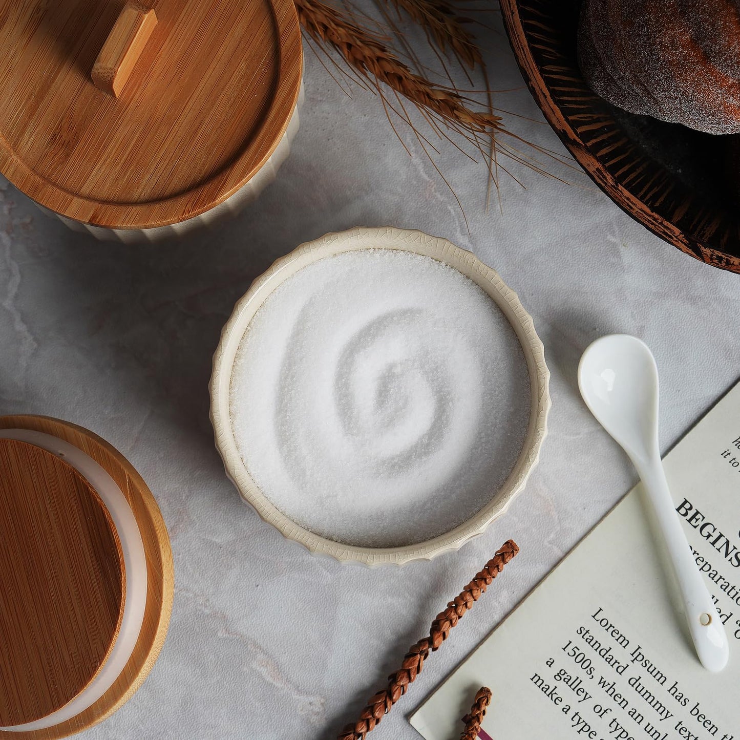 Lunavita Salt Cellar Keeper with Bamboo Lid, 14oz Big Capacity Ceramic Sugar Bowls Pepper Box, Crackle Glaze Seasoning Container Condiment Pot for Kitchen, (Cream Color), 4″×4″