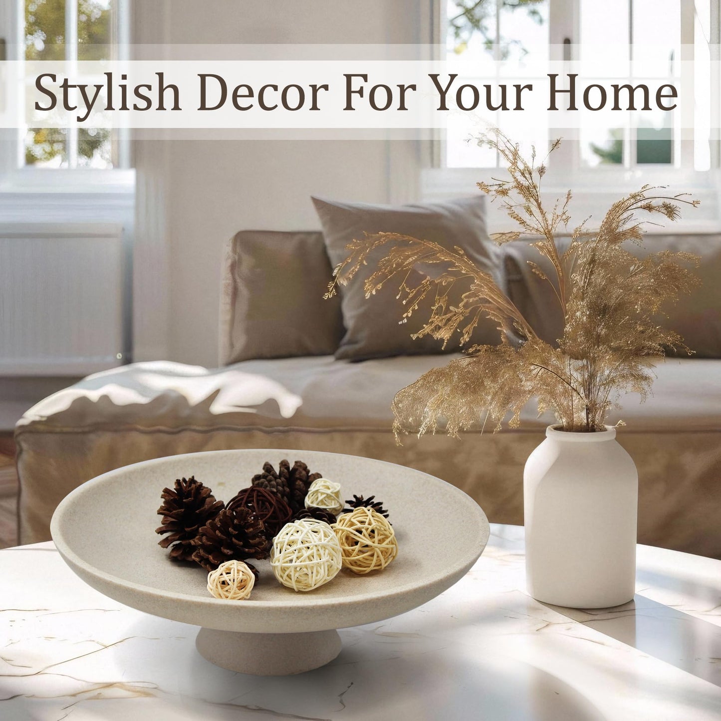 LIN CHUAN Large Decorative Bowl, Modern Resin Pedestal Bowl for Home Decor, Stylish Fruit Bowl for Kitchen Counter, Chic Key Holder for Entry Table, Beige