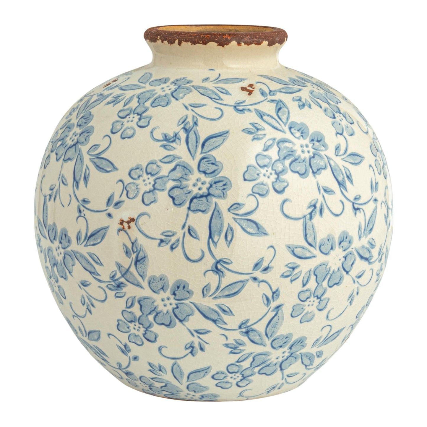 Creative Co-Op DF2720 8" H Terracotta Floral Transferware Pattern & Crackle Finish Vase, Blue