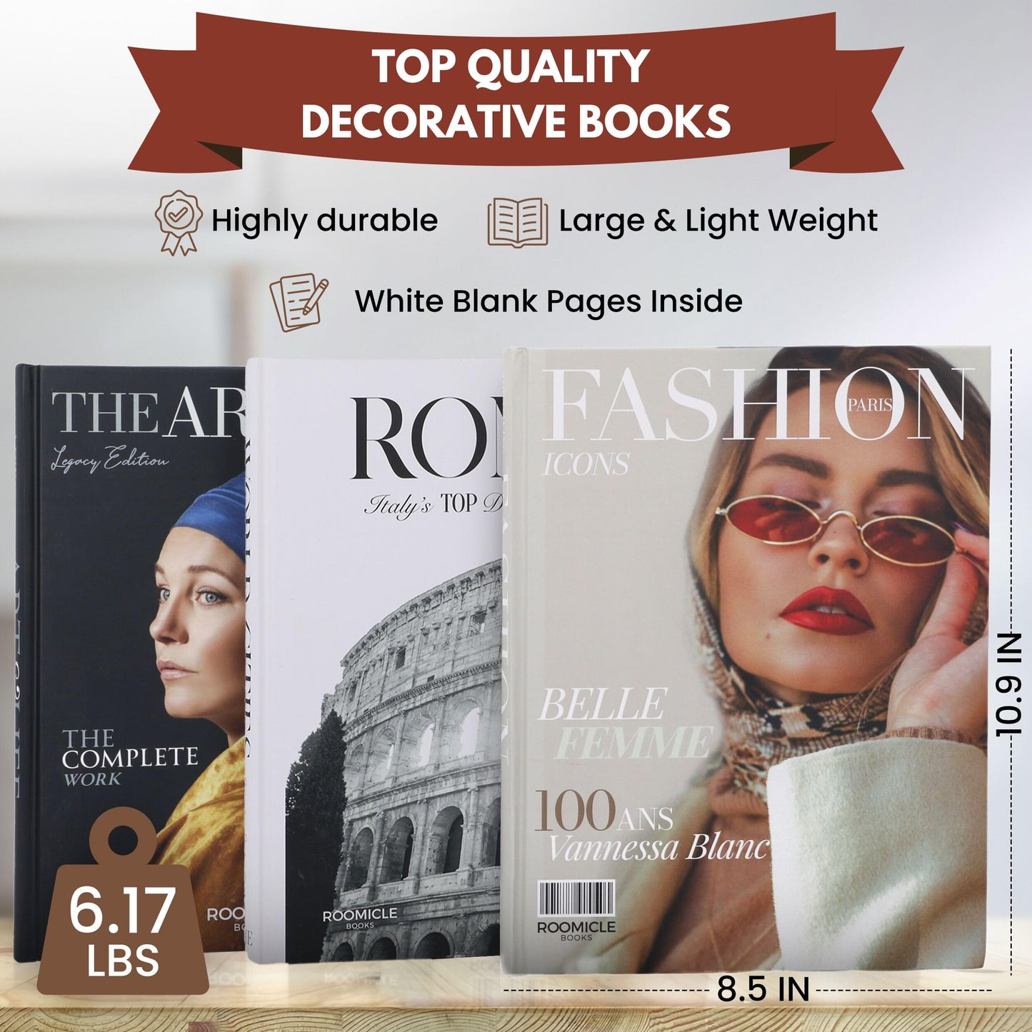 Elegant Decorative Books - Set of 3 Designer Faux/Fake Books for Decoration - Enhance Your Coffee Table, Mantle & Bookshelf Decor - Book Decor Aesthetic Collection - Real Blank Pages Inside