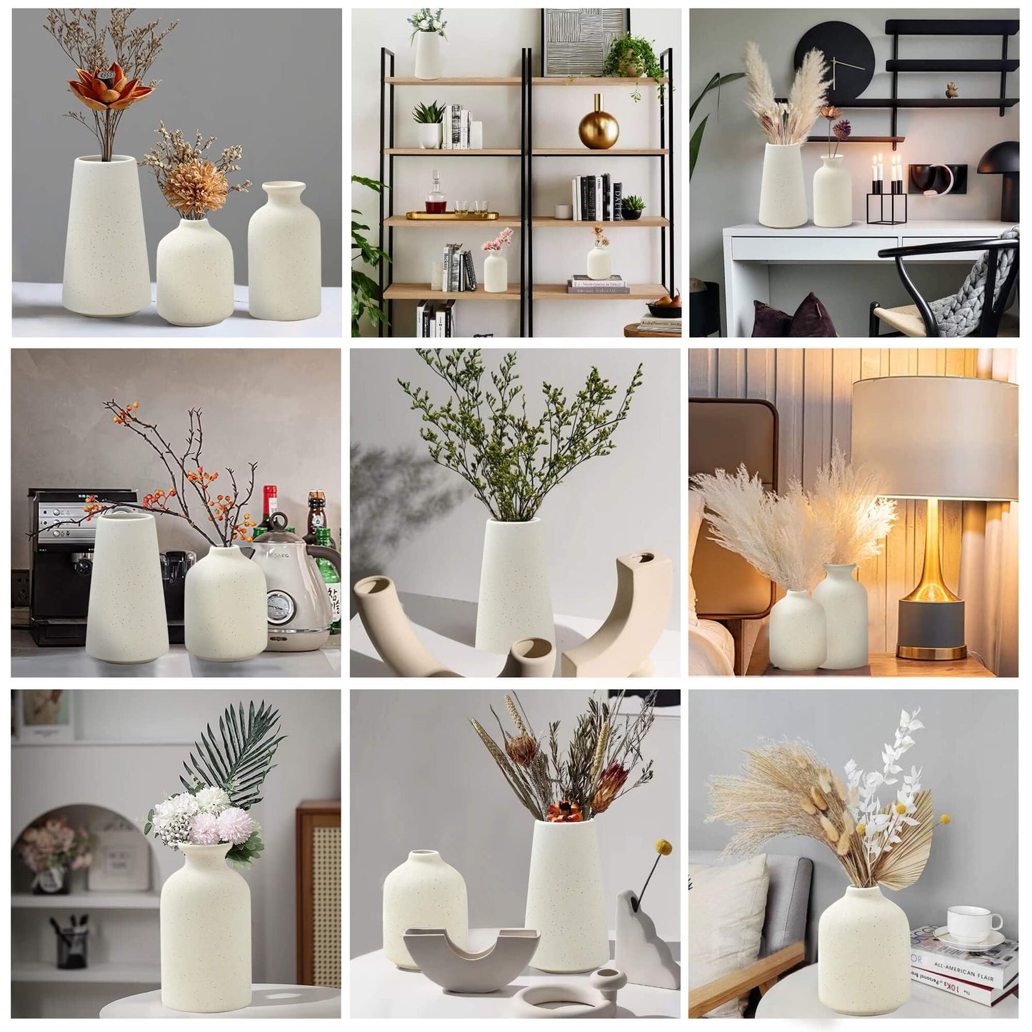 LOJAYUVE Beige Ceramic Vases Set of 3 for Pampas Grass & Dried Flowers, Creative Modern Boho Farmhouse Décor, Small Ceramic Vase for Shelf, Desk, Bookshelf and Entryway