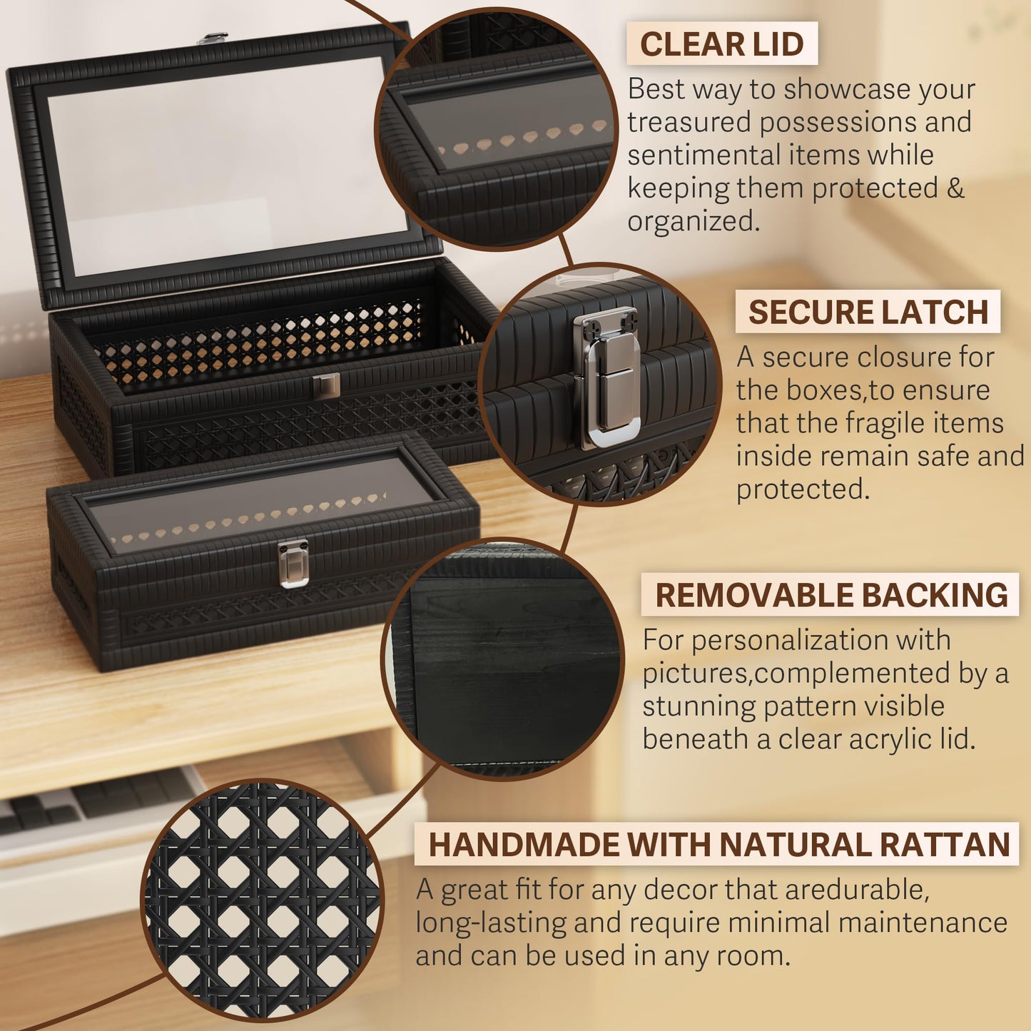 Fllamo Rattan Decorative Box,Boho Display Boxes with Lids,Set of 2 Rectangular Wicker Storage Decoration,Natural Woven Cane Bins for Home Decor for Rustic Farmhouse(Black)