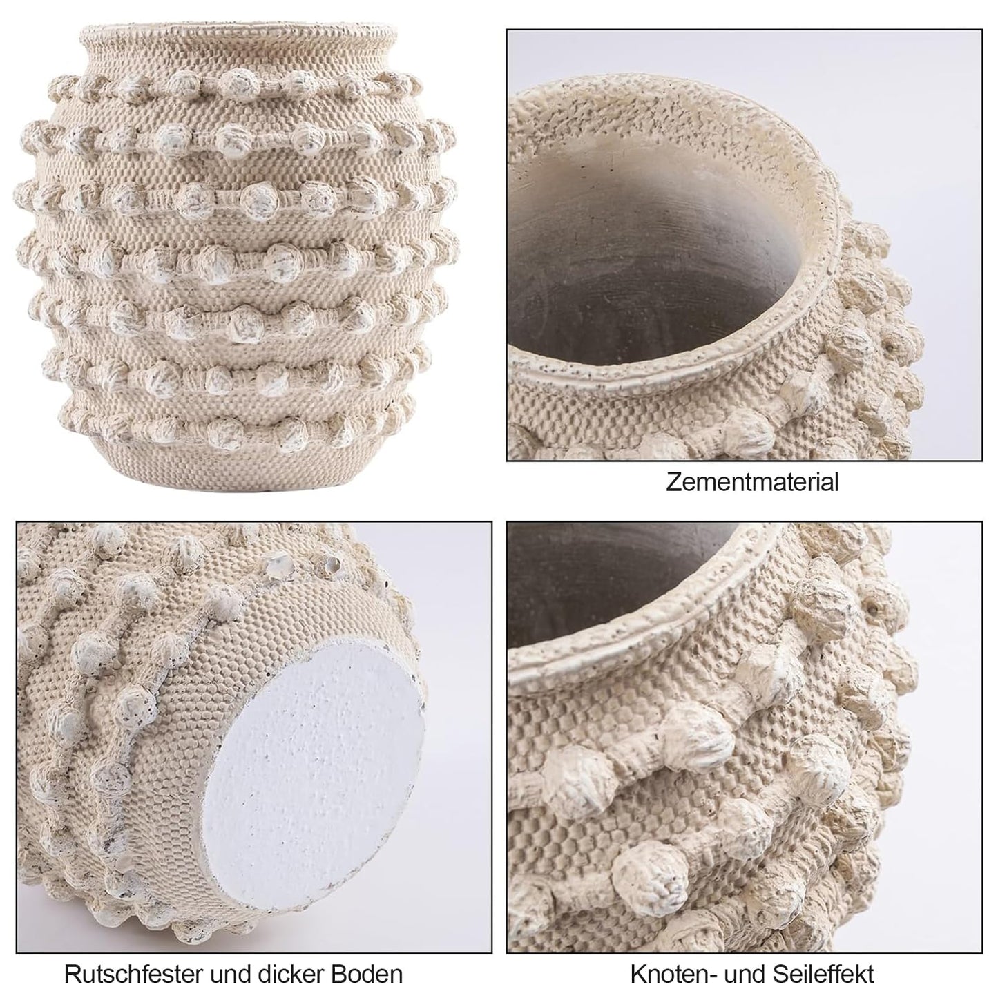 DN DECONATION Beige Rustic Farmhouse Vase, 8.2 Inch Textured Boho Vase for Home Decor, Cement Decorative Flower Vases with Rope Knots for Living Room, Table Centerpiece, Shelf, Mantel Decoration