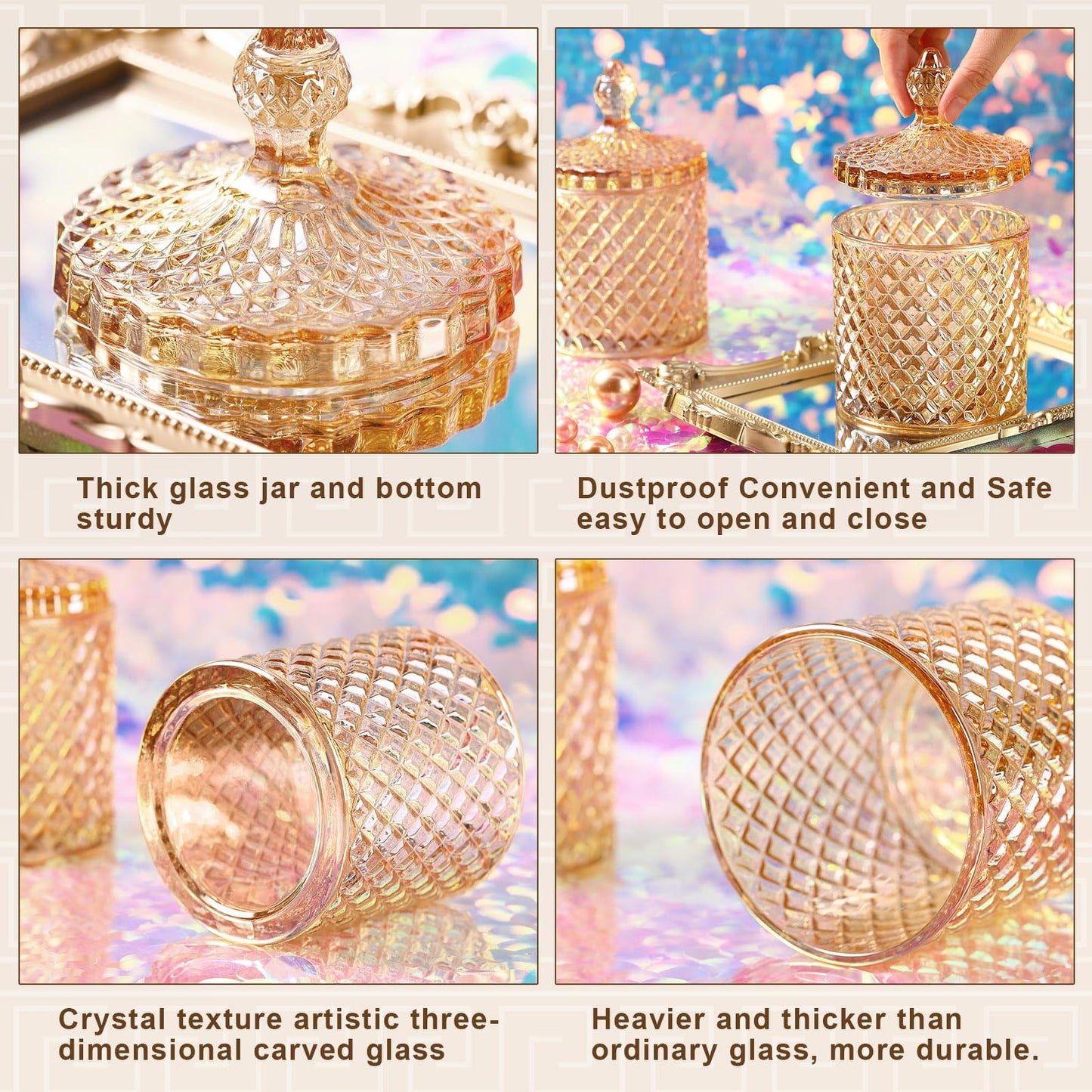 Aoriher 4 Pcs Crystal Glass Candy Jar Set with Lids Home Decorative Storage Jars for Apothecary, Bathroom, Kitchen, and Pantry, Ideal for Cotton Swabs and Jewelry(Large,Amber)