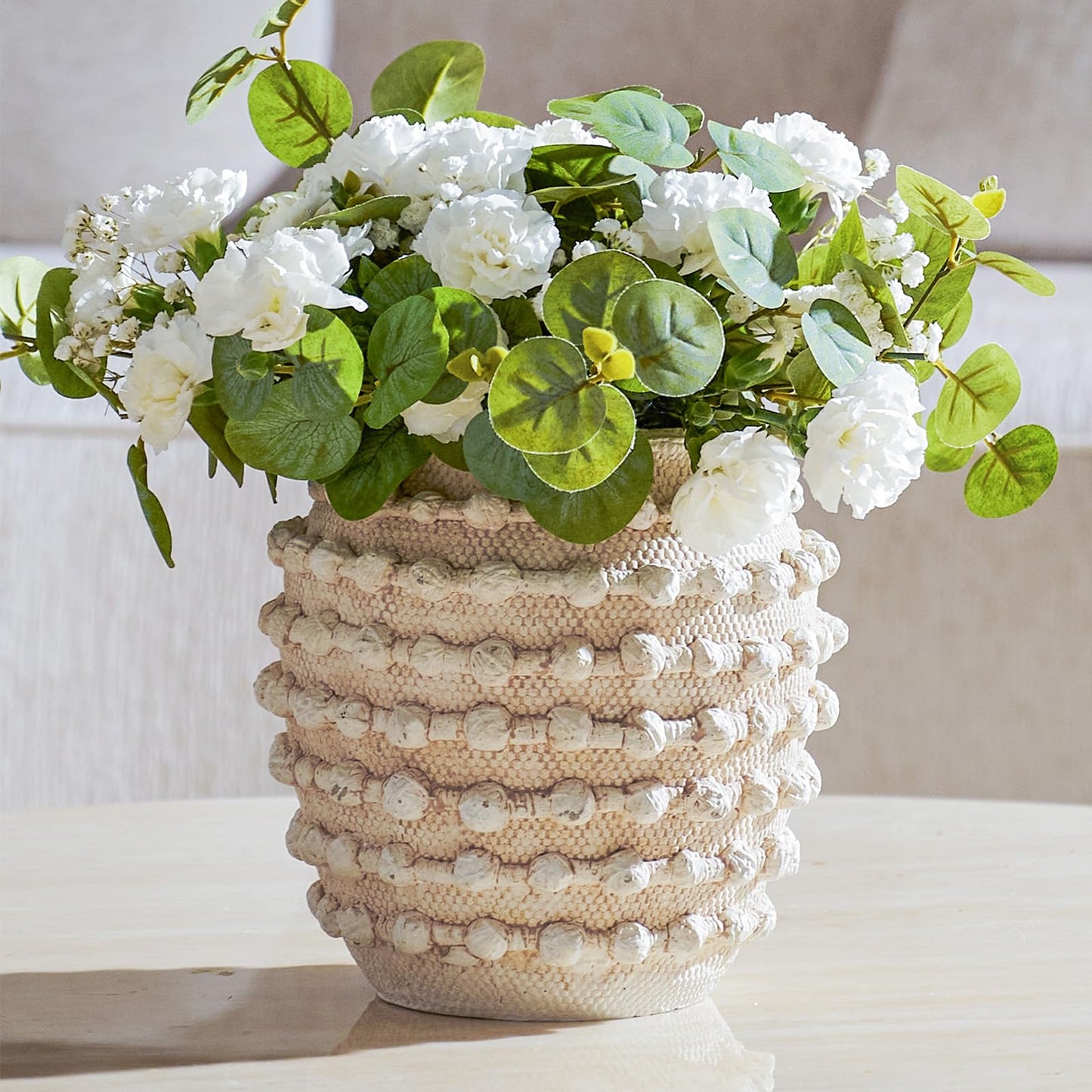 DN DECONATION Beige Rustic Farmhouse Vase, 8.2 Inch Textured Boho Vase for Home Decor, Cement Decorative Flower Vases with Rope Knots for Living Room, Table Centerpiece, Shelf, Mantel Decoration