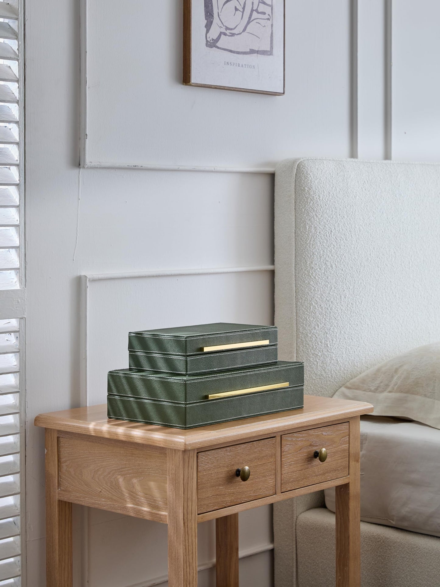 Goodinough Green Shagreen Decorative Boxes with Lids Set of 2 - Large Leather Stacking Storage Boxes for Home Decor, Gold Metal Handle Remote Control Box, Modern Jewelry Box for Shelves, Coffee Table