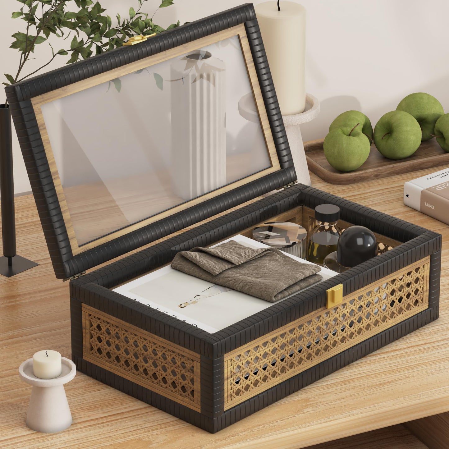 Fllamo Rattan Decorative Box,Boho Display Boxes with Lids,Set of 2 Rectangular Wicker Storage Decoration,Natural Woven Cane Bins for Home Decor for Rustic Farmhouse(Yellow and Black)