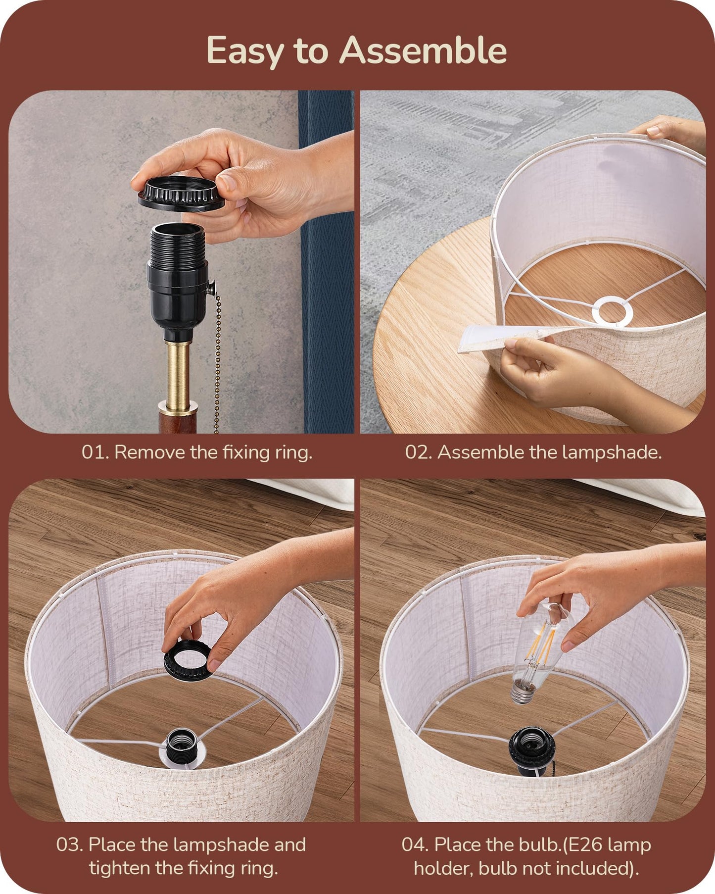 EDISHINE Mid Century Table Lamp, Bedside Lamp with Pull Chain Switch, Solid Wood & Metal Pole, Modern Nightstand Table Lamp for Living Room, Bedroom, Office, Frosted Bronze & Wood Finish