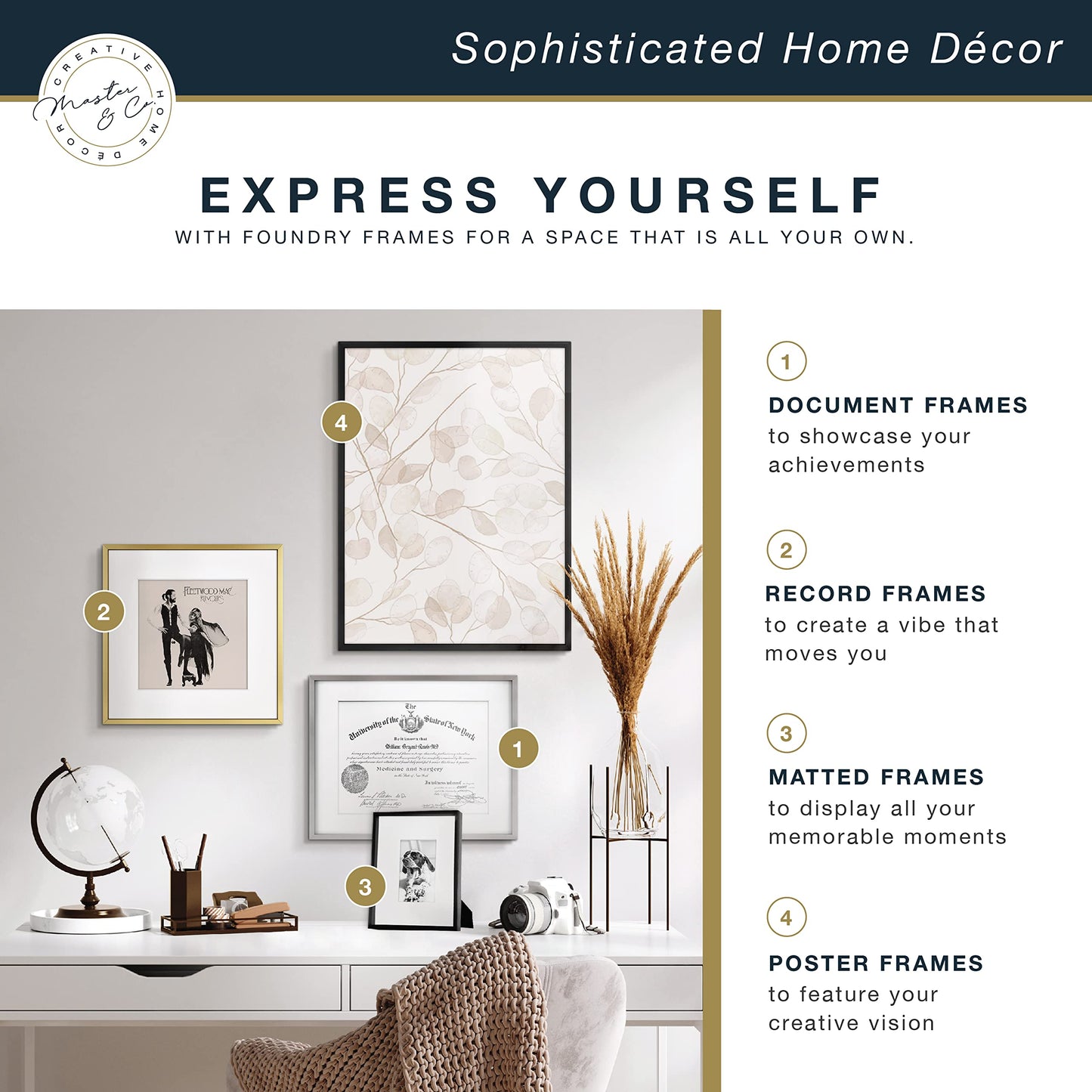 MCS Master & Co. Foundry Metal 18x18 Matted Picture Frame with 8x8 Photo Display, Black Vertical & Horizontal Wall Hanging Frame for Photos & Artwork (1-Pack)