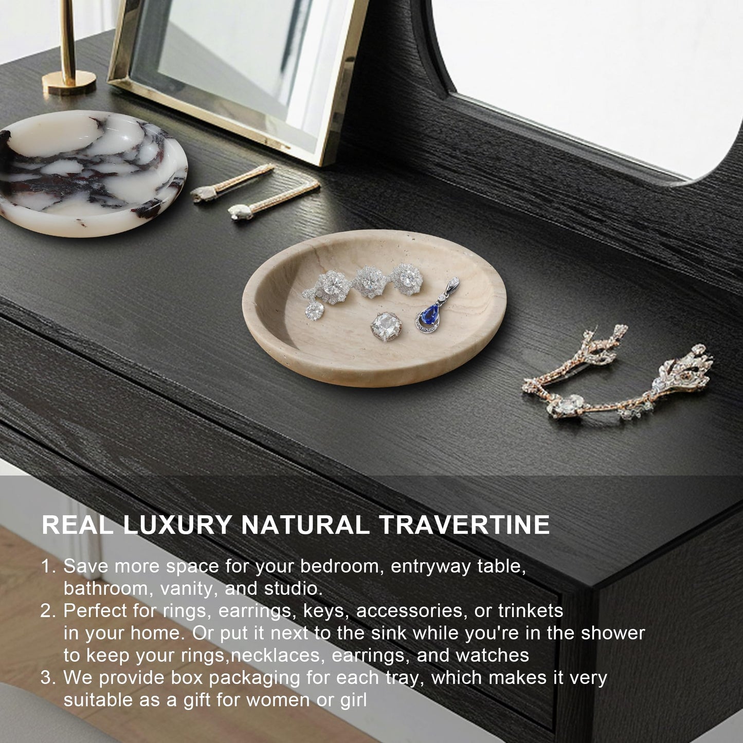SZGYCSM Travertine Jewelry Dish Tray - Decorative Stone Catchall Bowl for Entryway Table, Keys & Rings Holder, Natural Marble Home Decor Organizer (5.5 Inch)