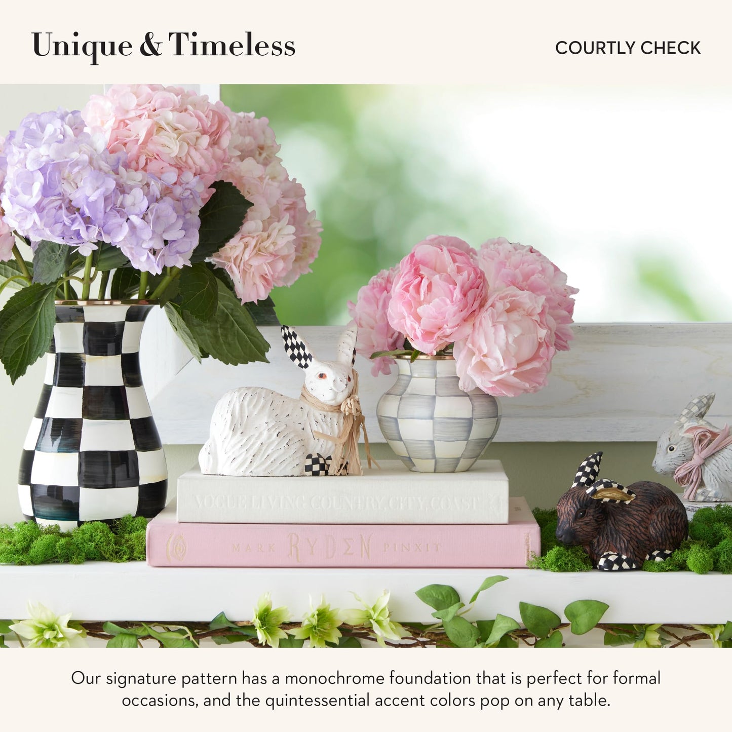 MACKENZIE-CHILDS Tall Enamel Vase, Unique Flower Vase, Decorative Table Decor for Living Room, Black-and-White Courtly Check