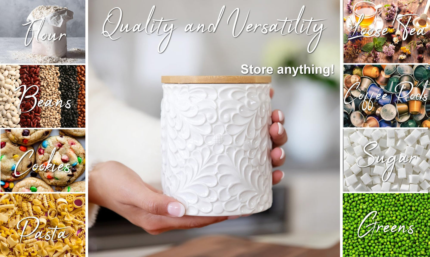 Small Engraved Ceramic Kitchen Canister - Storage Jars with Airtight Lids Made from Bamboo with Nature-Inspired Engraving - Use as a Pasta Holder, Coffee Ground Holder, Rice Container - 30 Ounces