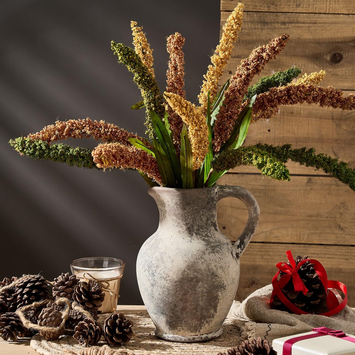 SIDUCAL Ceramic Rustic Farmhouse Vase with Handle, Terracotta Vase, Minimalist Decorative Vases for Home Decor, Table, Living Room, Shelf, Christmas Decoration(Gray)