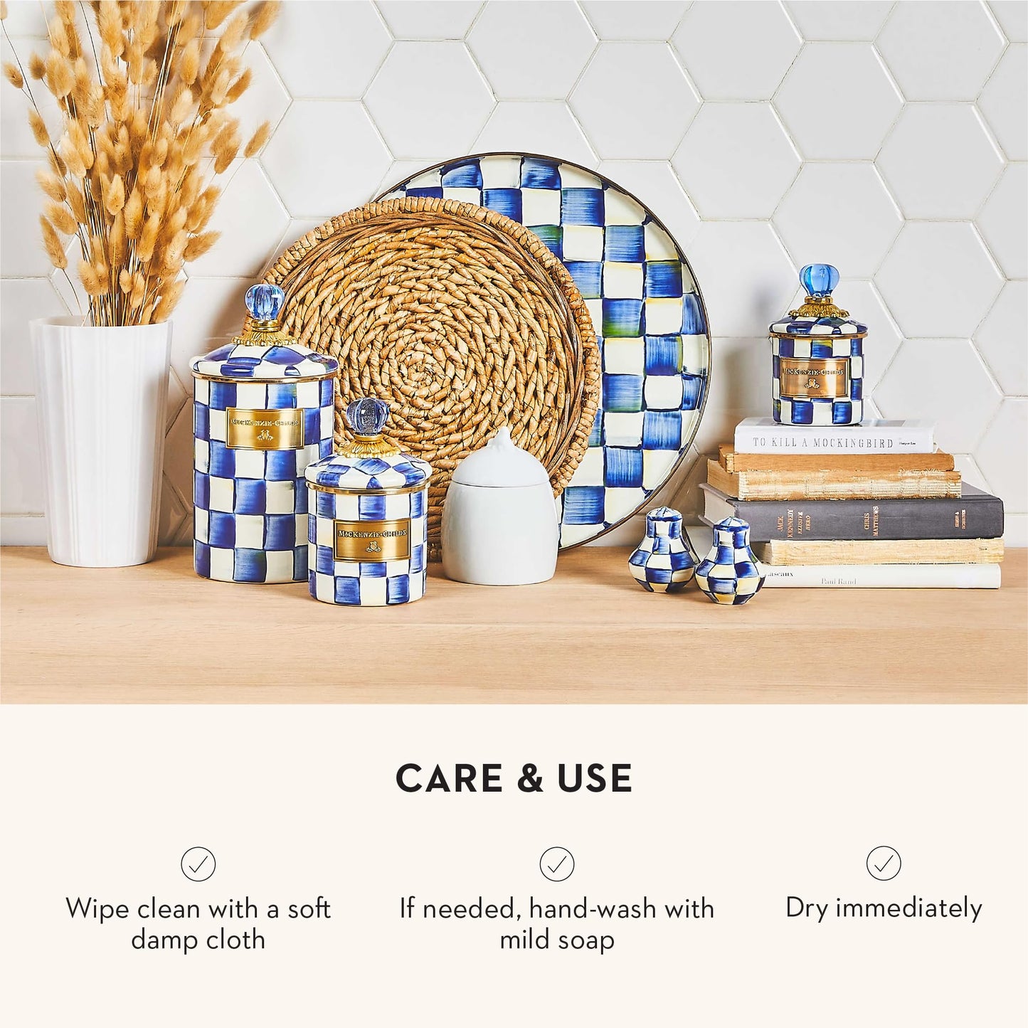 MACKENZIE-CHILDS Enamel Canister Set, Small (38 oz.), Medium (48 oz.), and Large (64 oz.) Kitchen Containers, Blue-and-White Royal Check