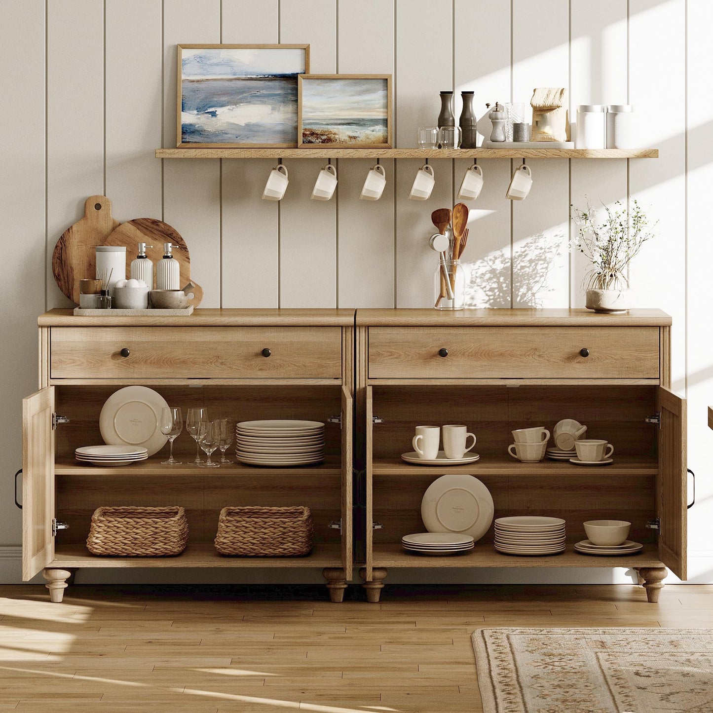 WAMPAT Entertainment Center with Bookshelves for TVs up to 75", Farmhouse Wall Unit TV Stand with Doors & Drawer, Media Console Table for Living Room, Bedroom & Home Theater, Oak