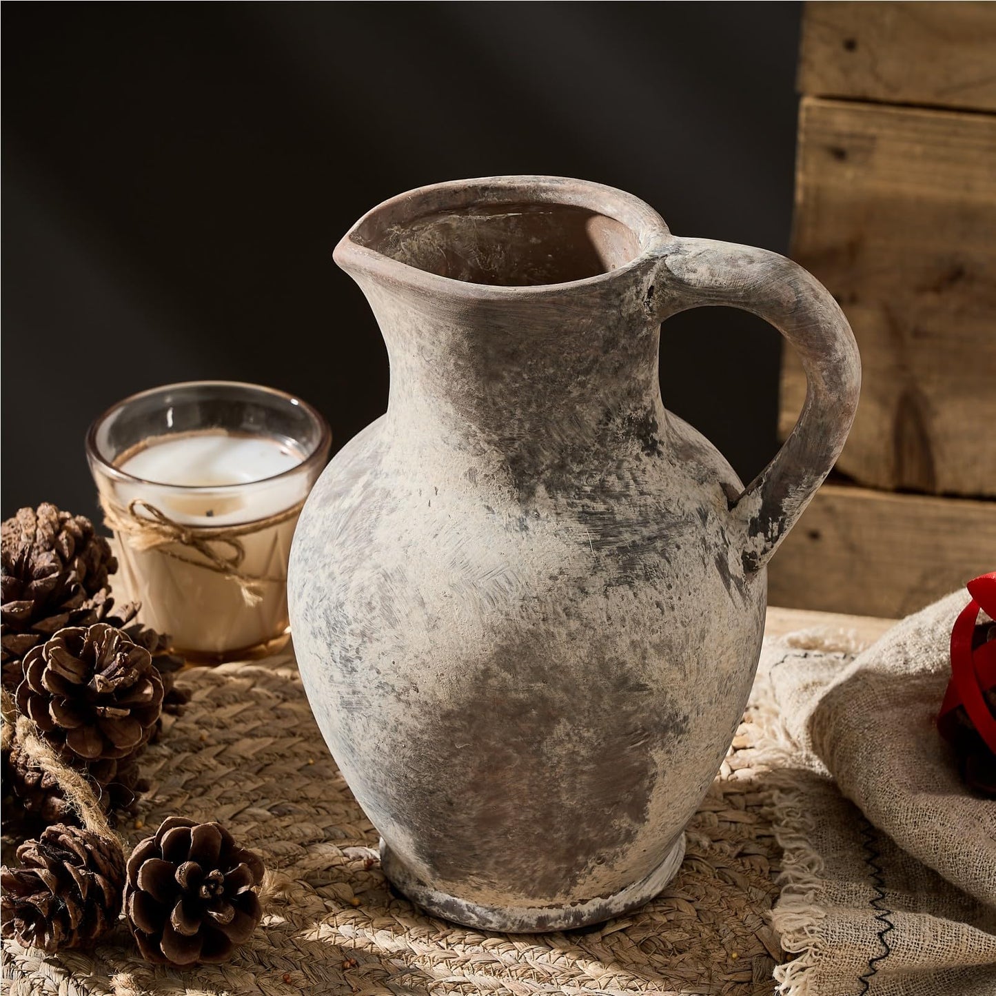 SIDUCAL Ceramic Rustic Farmhouse Vase with Handle, Terracotta Vase, Minimalist Decorative Vases for Home Decor, Table, Living Room, Shelf, Christmas Decoration(Gray)