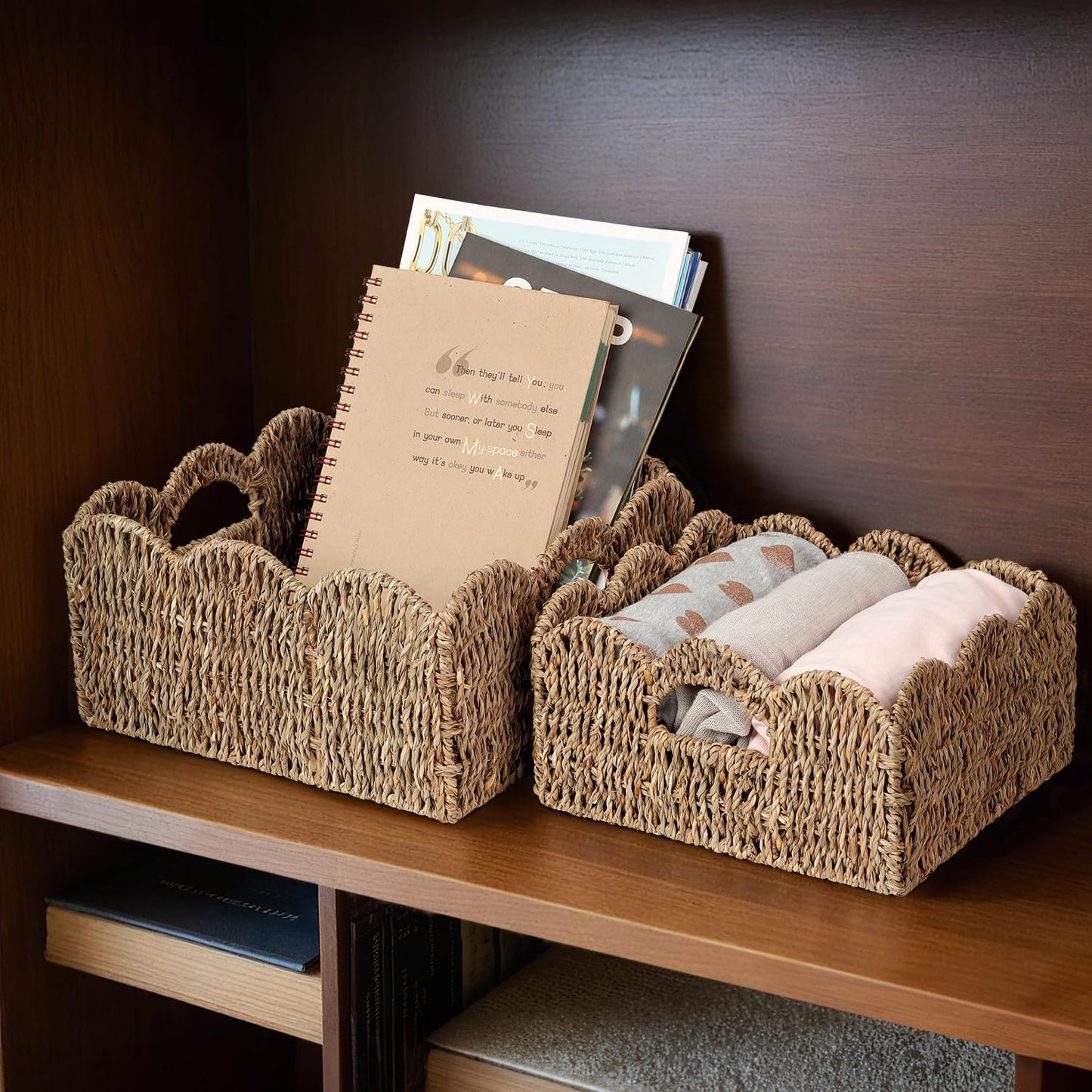 Scalloped Baskets (Natural-Set of 2) Seagrass Basket For Decor, Basket Living Room Organizer, Bathroom, Bedroom, Laundry,... Seagrass Storage Baskets with Built-in Handles.
