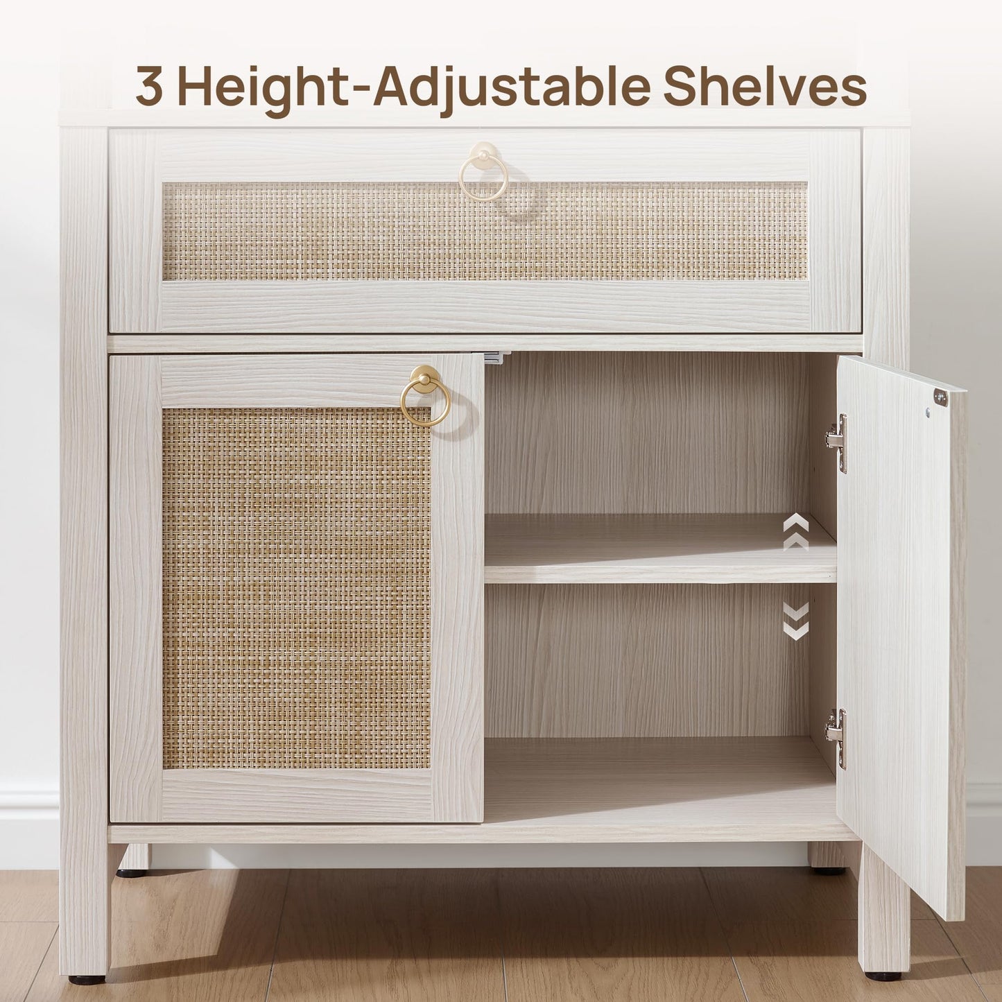 SICOTAS White Bookshelf with Drawer and Doors, Rattan Bookshelf with Round Gold Handle, 3 Tier Shelf for Storage, 68.5" Tall Book Shelf Boho Bookshelves for Home Office (3, White Cream Oak)