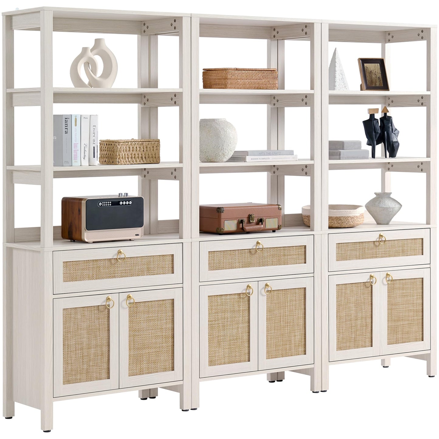 SICOTAS White Bookshelf with Drawer and Doors, Rattan Bookshelf with Round Gold Handle, 3 Tier Shelf for Storage, 68.5" Tall Book Shelf Boho Bookshelves for Home Office (3, White Cream Oak)