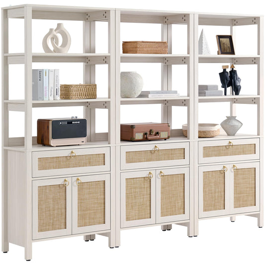 SICOTAS White Bookshelf with Drawer and Doors, Rattan Bookshelf with Round Gold Handle, 3 Tier Shelf for Storage, 68.5" Tall Book Shelf Boho Bookshelves for Home Office (3, White Cream Oak)