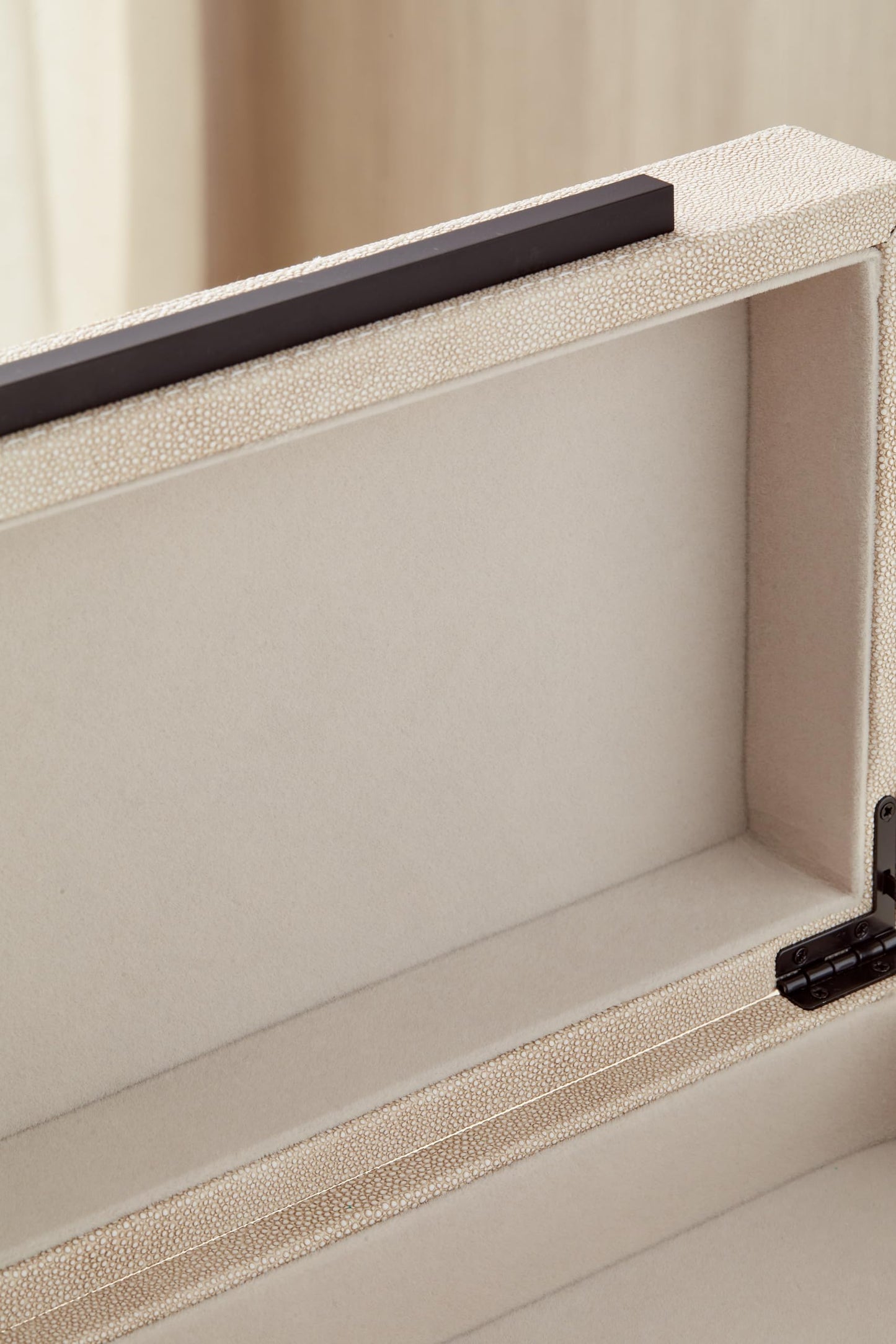 Goodinough Ivory Shagreen Decorative Boxes with Lids Set of 2 - Large Leather Stacking Storage Boxes for Home Decor, Black Metal Handle Remote Control Box, Modern Jewelry Box for Shelves, Coffee Table