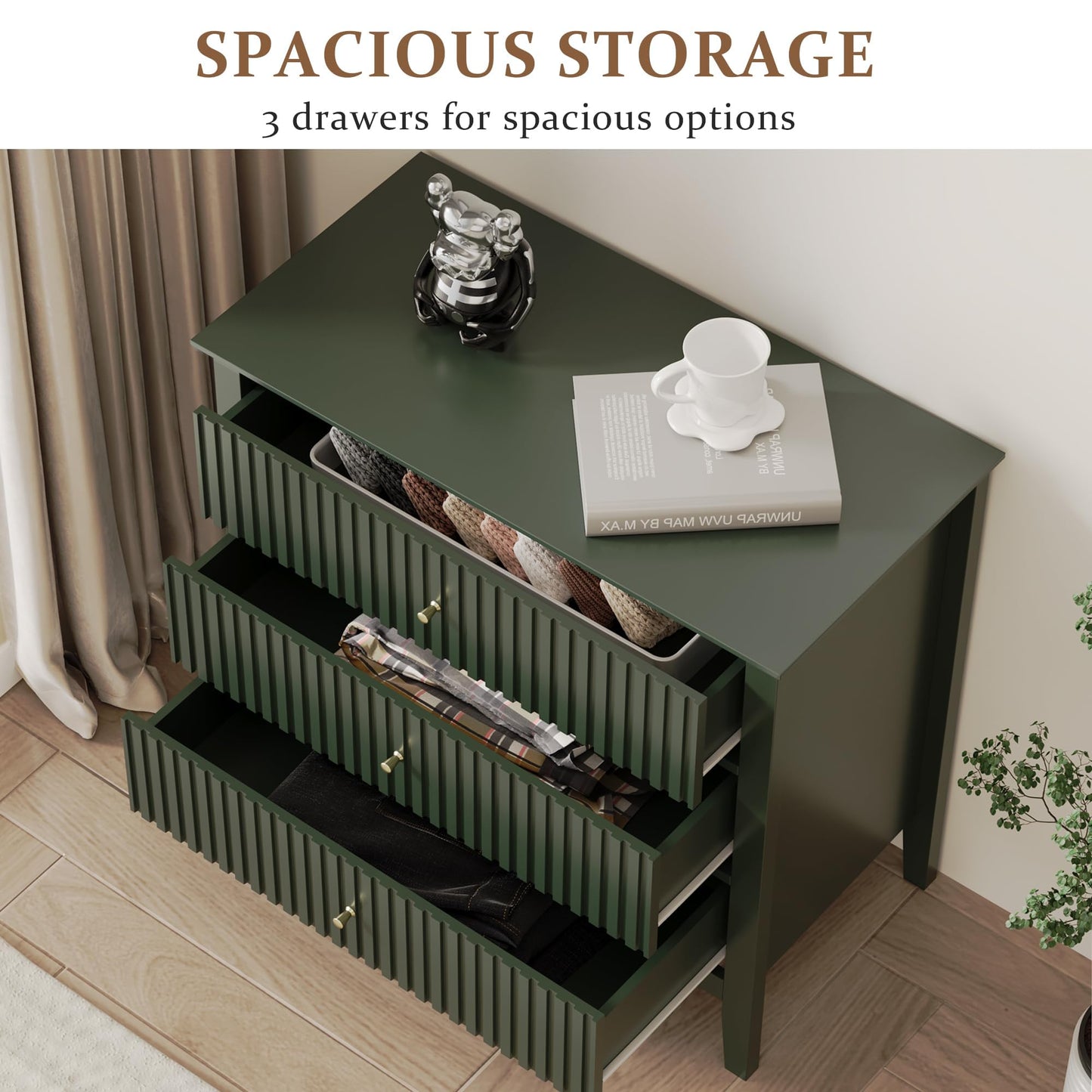 RoyalCraft Large 3 Drawer Dresser Set of 2, Fluted Chest of Drawers with Storage, Modern Painted 30 inch Tall Nightstand for Bedroom Living Room Entryway, Green