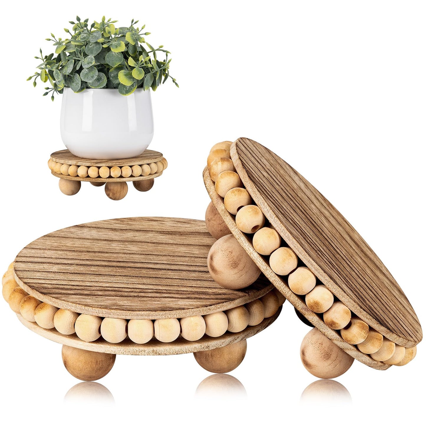 HouseJoy 2Pcs Wood Risers for Display Decorative,Round Beaded Riser Distressed for Decor ,Wooden Farmhouse Coasters Mini Cake Stand Plant Stand,Rustic Pedestal Stand Decor Display Risers for Tiered
