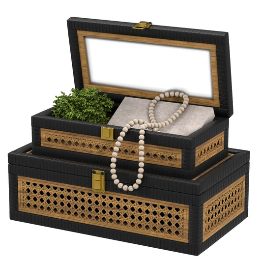 Fllamo Rattan Decorative Box,Boho Display Boxes with Lids,Set of 2 Rectangular Wicker Storage Decoration,Natural Woven Cane Bins for Home Decor for Rustic Farmhouse(Yellow and Black)