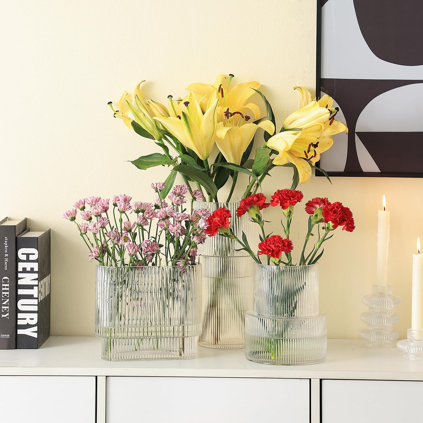 YANWE1 Ribbed Glass Vase, Flower Vase, Fluted Clear Vases for Flowers, Modern Vases for Living Room, Dining Table, Entryway, Shelf, Wedding, Office, Coffee Table, Birthday, 7.5 Inches