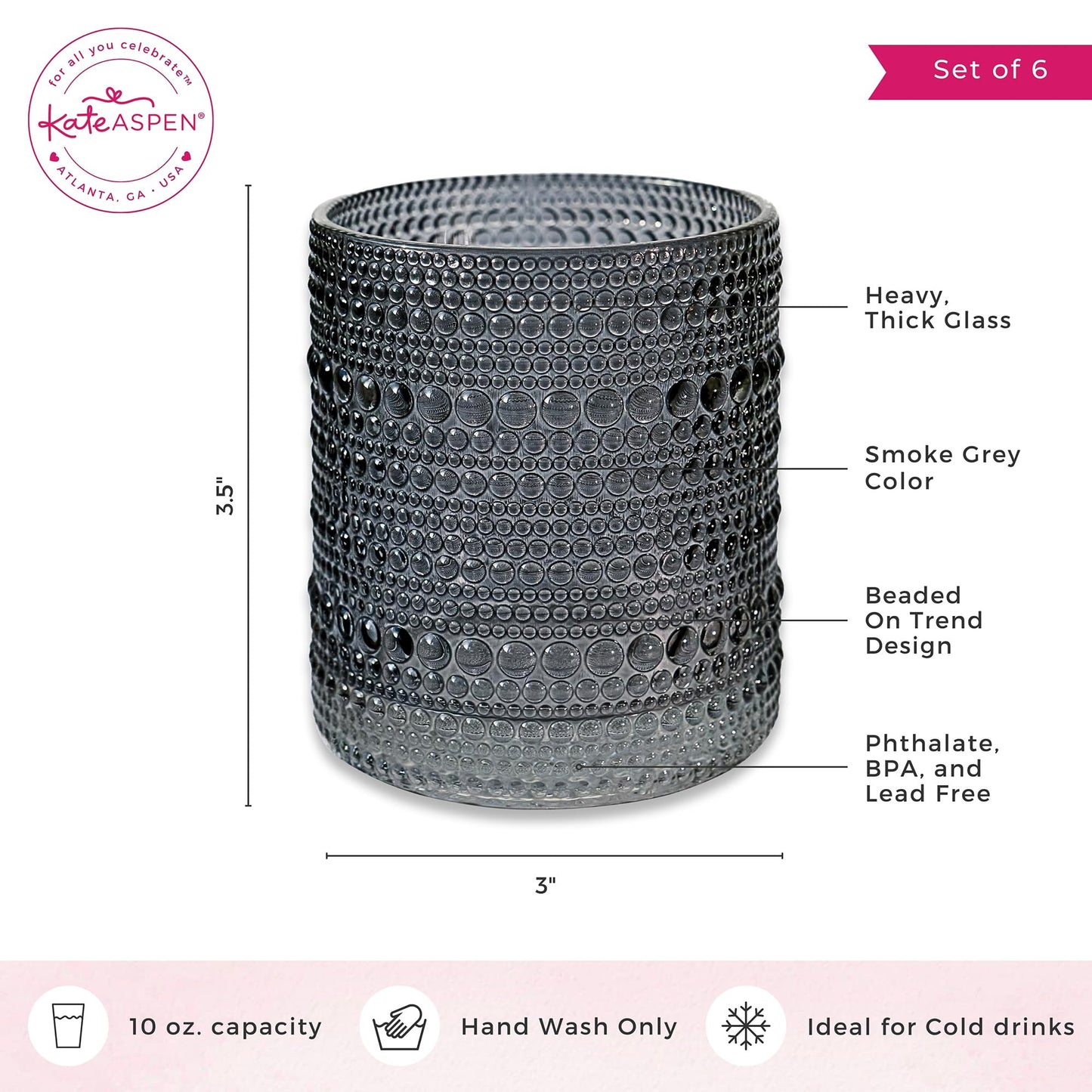 Kate Aspen Hobnail Beaded Drinking Glasses Vintage Glassware Set | Cocktail Glass Set, Juice Glass, Water Cups | Makes A Great Hostess Gift, Gift for Newlyweds (Smoke Grey)