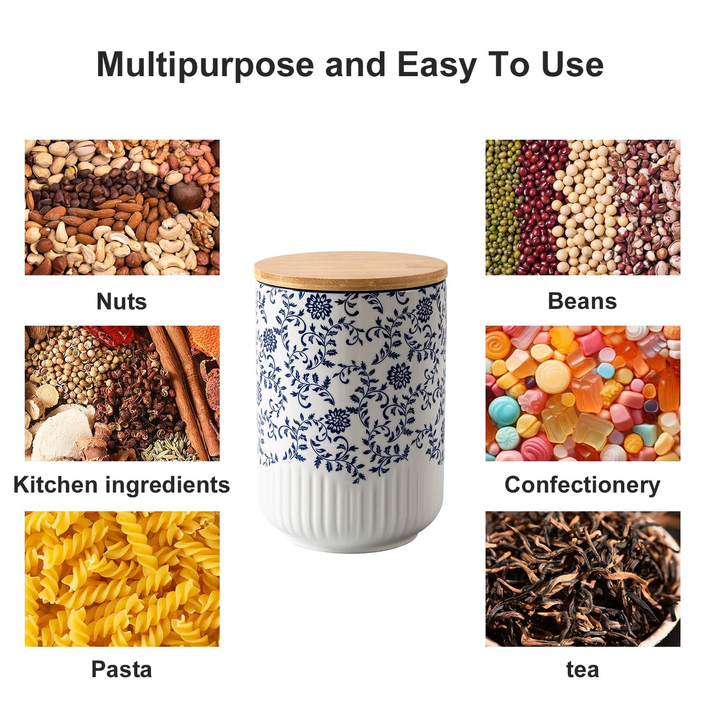 Cerkik Canisters Sets for Kitchen - Ceramic Kitchen Containers for Countertop with Airtight Wood Lids - Flour and Sugar Containers for Coffee Tea Spice Beans Cookie Jars - Blue Set of 3