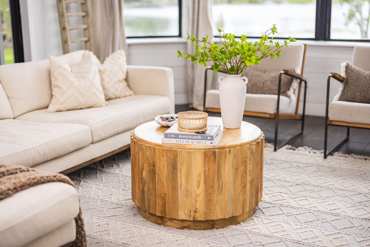 12 Inch Tall White Ceramic Vase, with 5 Branches of 25 Inch Faux Artificial Vibrant Greenery Stems Set, Textured Minimalist Jug, Fake Stem Plants, Decorative Farmhouse, Console Table Centerpiece Decor