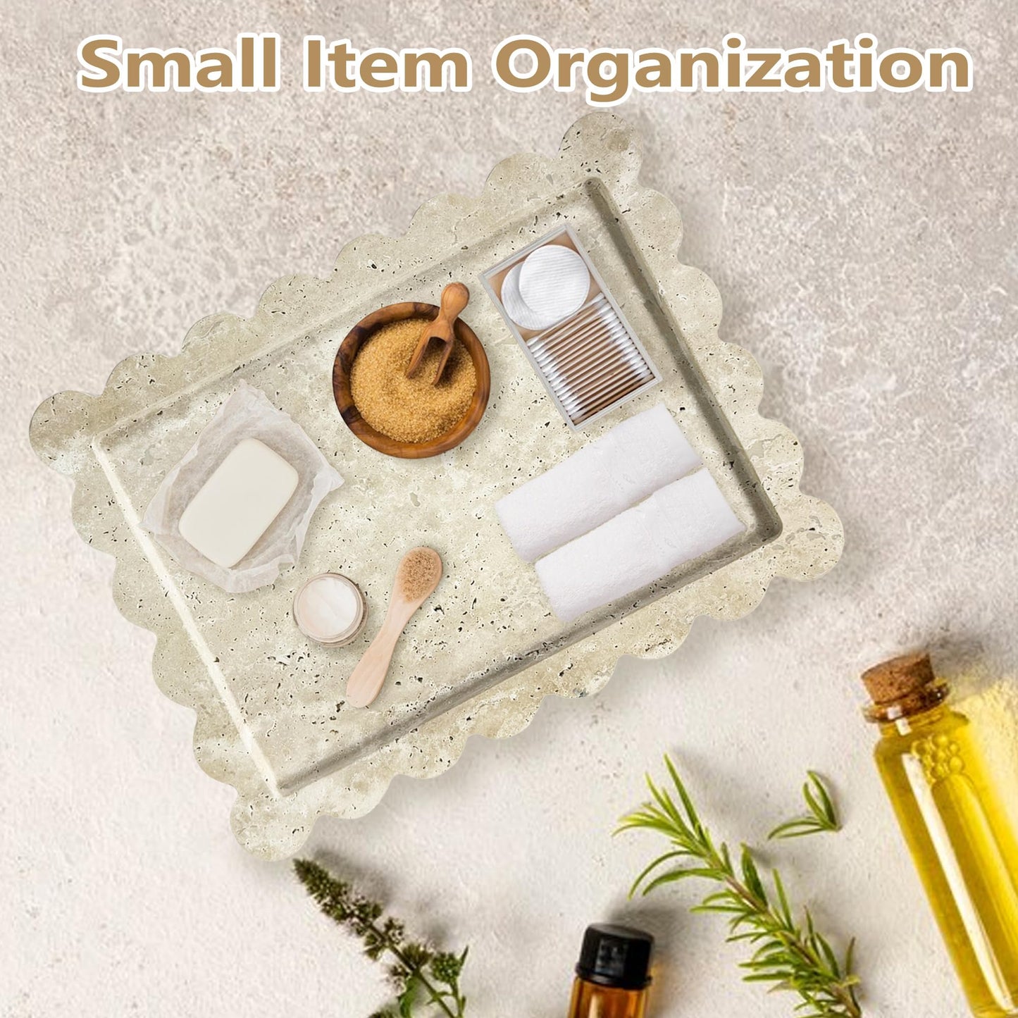 Marble Tray 100% Marble Vanity Trays for Bathroom 12" x 9", Scalloped Tray, Marble Tray for Kitchen Counter, Bathroom (Beige Travertine)