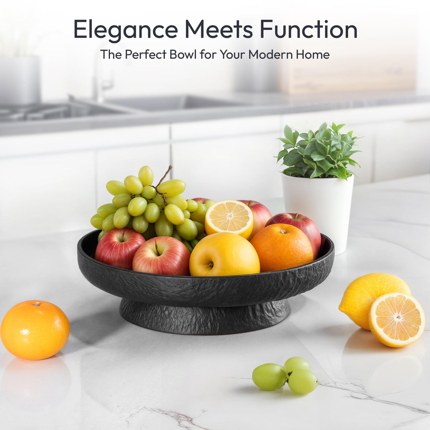 Granite Inspired Matte Black Fruit Bowl | Wide, Shallow Textured Pedestal Bowl | 11 Inch Unique Centerpiece for Table or Decor for Entryway Table