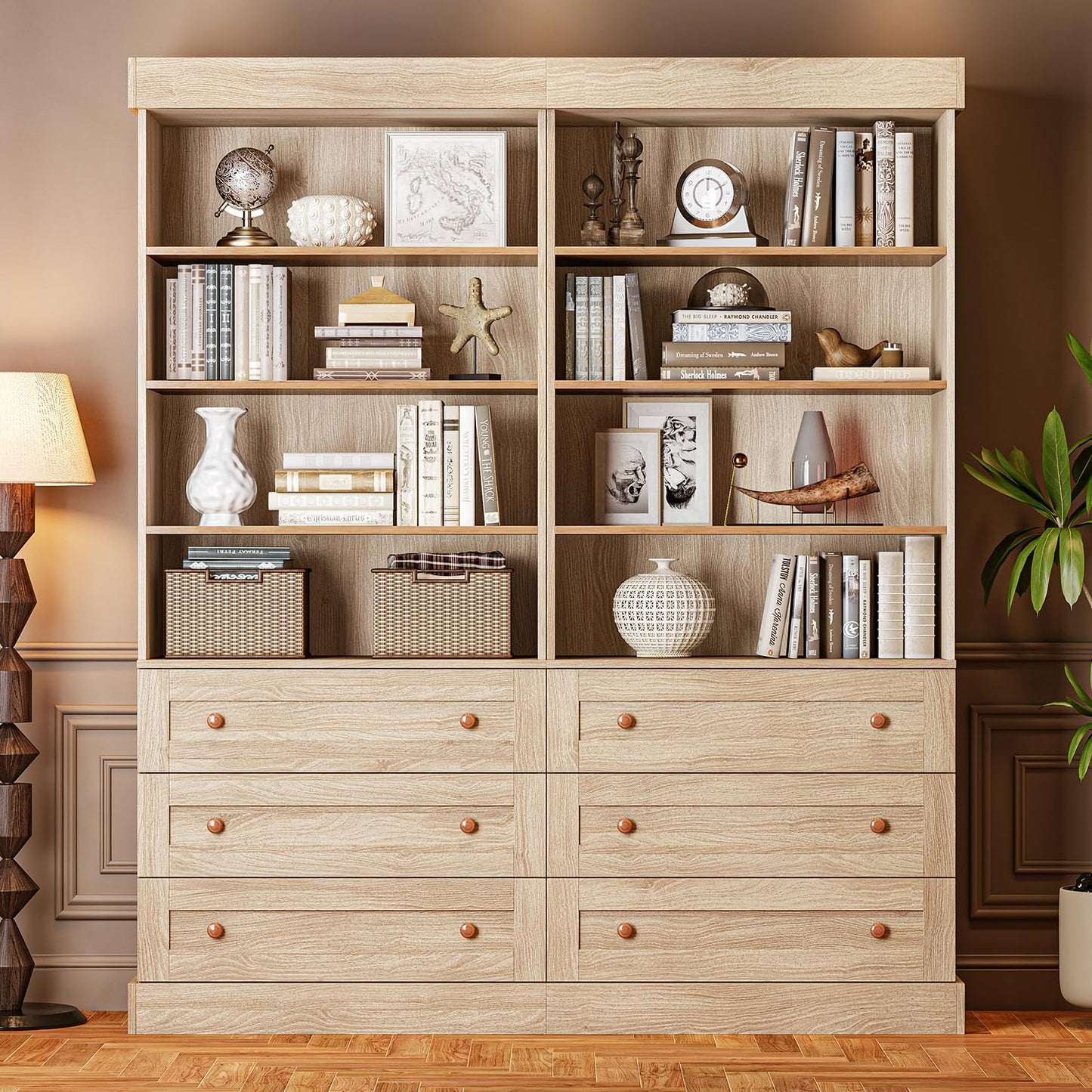 71" Tall Farmhouse Bookshelves, Brown Large Bookcase with Adjustable Shelves, 3 Drawers Wooden Storage Cabinet for Living Room, Kitchen, Home Office, Dining Room, 2 Pcs Open Unit