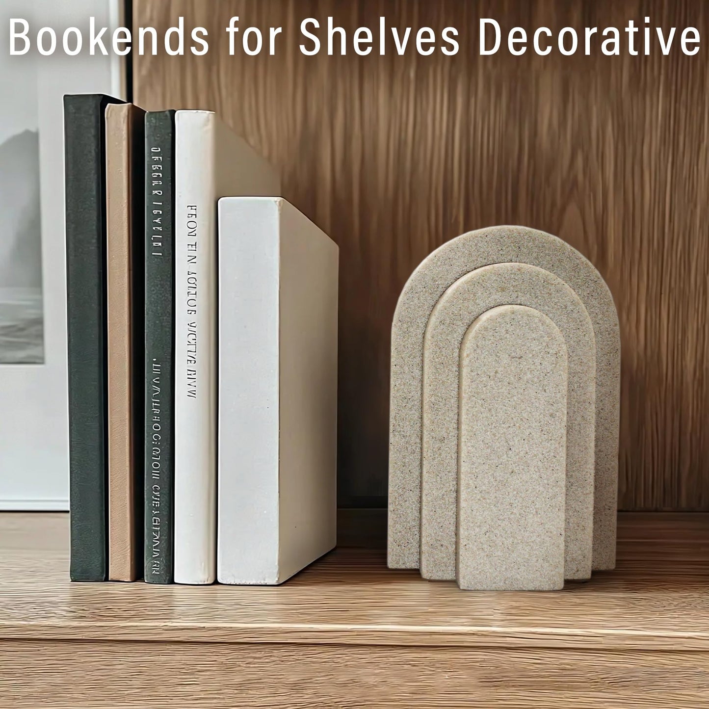 LIN CHUAN - Decorative Bookends for Heavy Books, Aesthetic Book Ends Set of 2, Modern Book Holders Stopper for Shelves, Bookshelf, Bookcase, Office Desk, Home Decor, Resin, Beige
