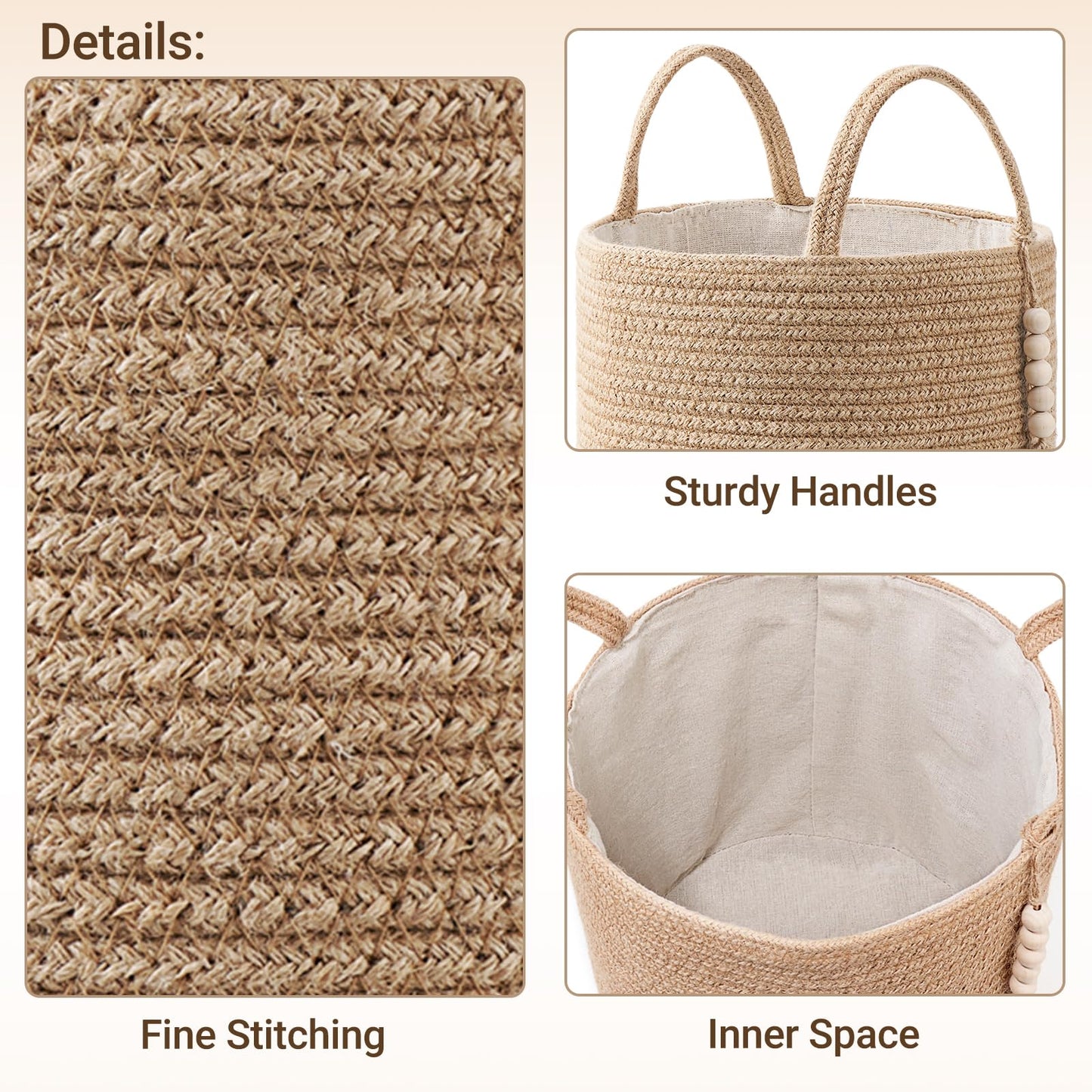 Mkono Woven Storage Basket Decorative Natural Rope Basket Wooden Bead Decoration for Blankets,Toys,Clothes,Shoes,Plant Organizer Bin with Handles Living Room Home Decor, Jute, 16" W × 13.8"L
