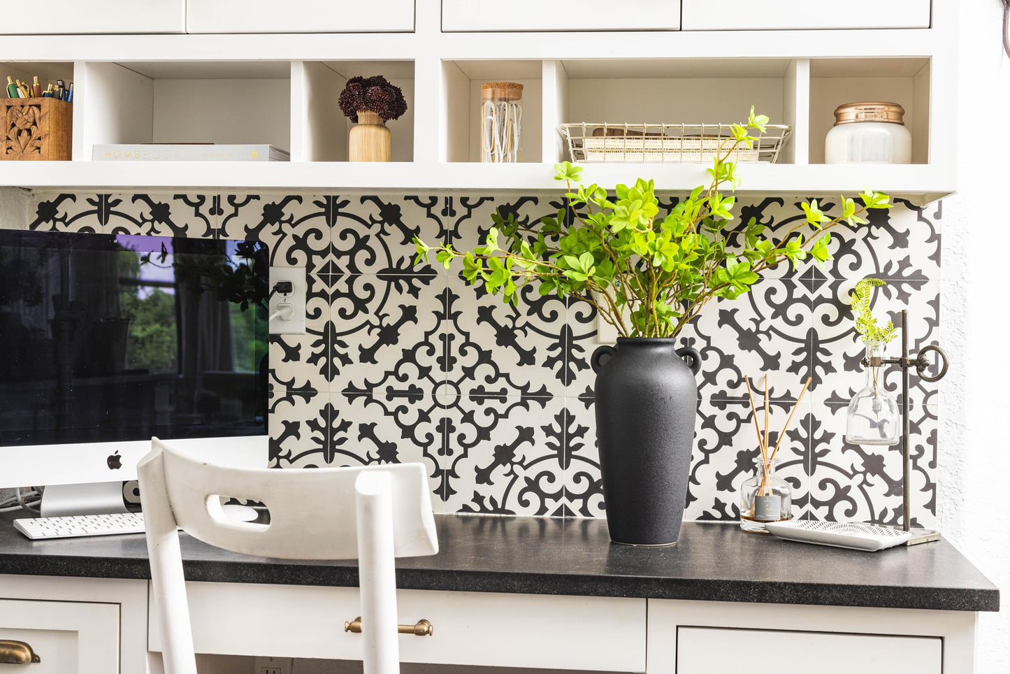 12 Inch Tall Black Ceramic Vase, with 5 Branches of 25 Inch Faux Artificial Vibrant Greenery Stems Set, Textured Minimalist Jug, Fake Stem Plants, Decorative Farmhouse, Console Table Centerpiece Decor