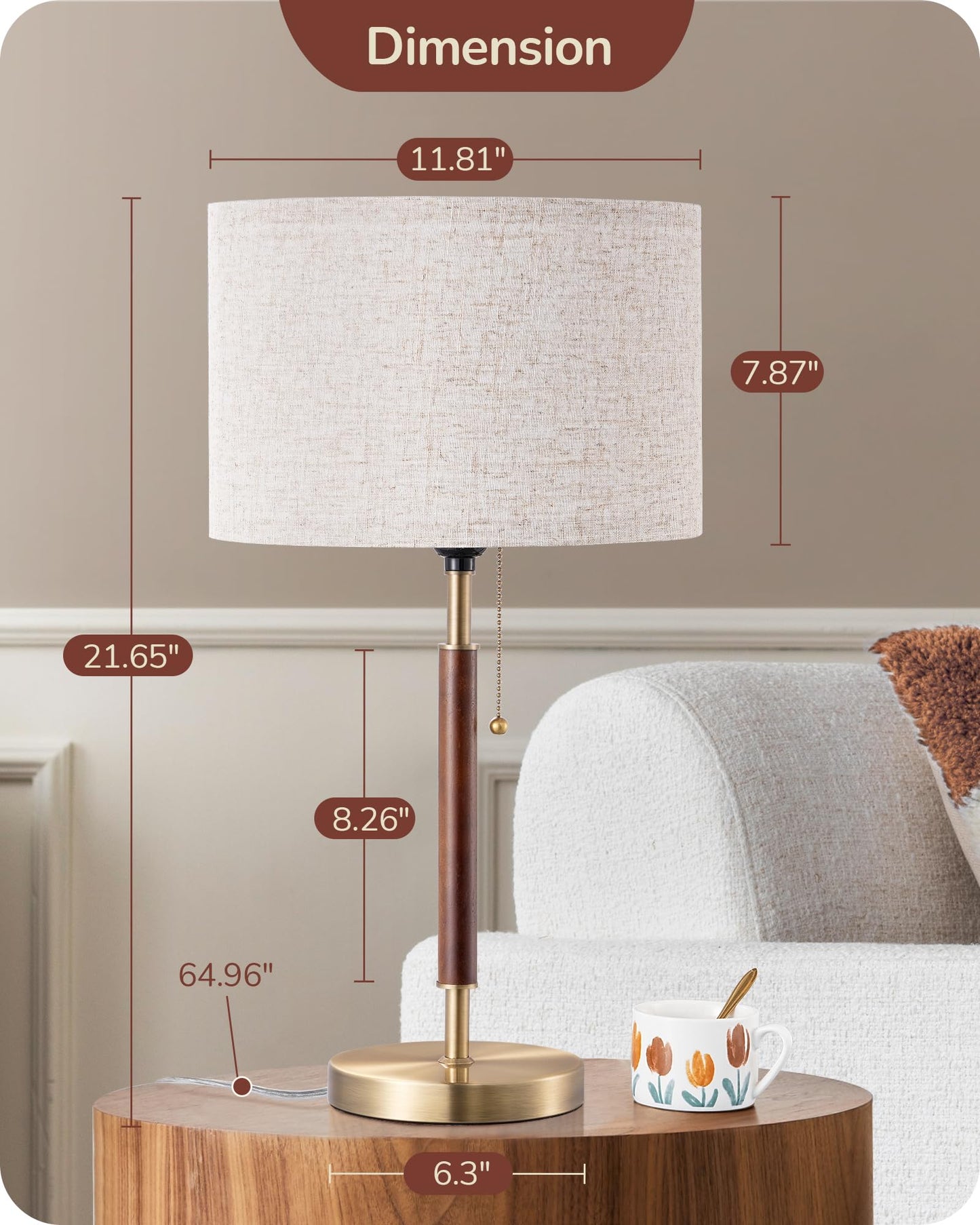 EDISHINE Mid Century Table Lamp, Bedside Lamp with Pull Chain Switch, Solid Wood & Metal Pole, Modern Nightstand Table Lamp for Living Room, Bedroom, Office, Frosted Bronze & Wood Finish