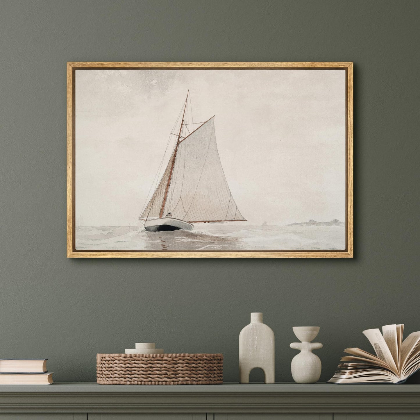 SIGNFORD Framed Canvas Print Wall Art Classic Sailboat Sketch Nautical Watercolor Illustrations Modern Art Minimal Relax/Calm for Living Room, Bedroom, Office - 16"x24" Natural